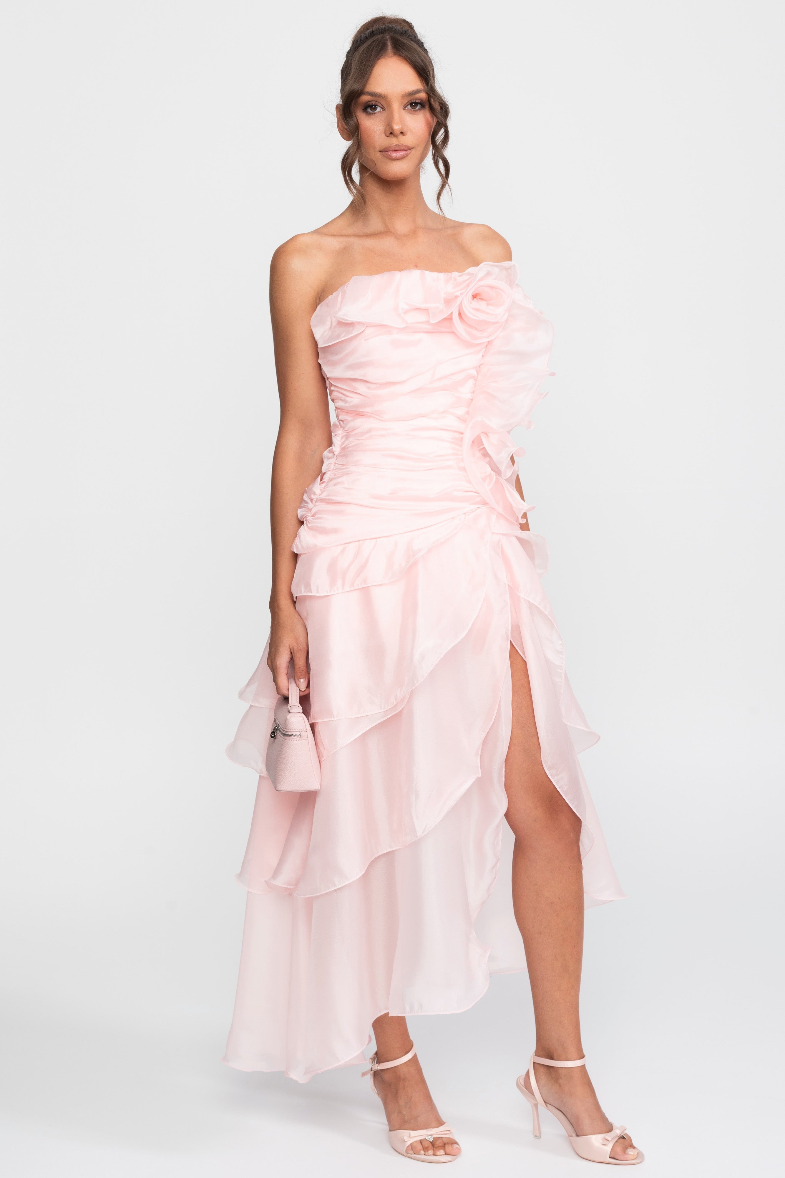 Strapless Rosette Petal Dress With 3D Floral Embellishments - Pink