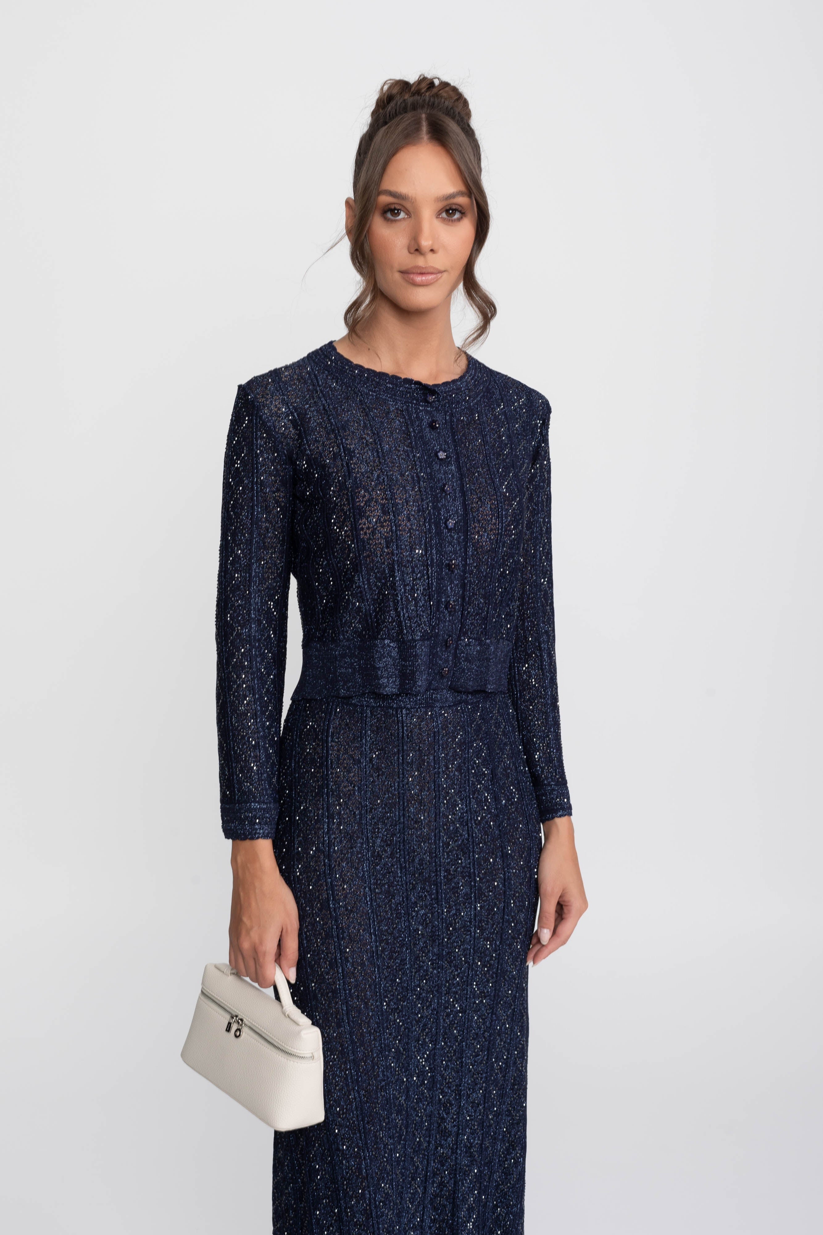 Long-Sleeve Diamond-Pattern Lace Co-Ord Set With Maxi Skirt - Navy