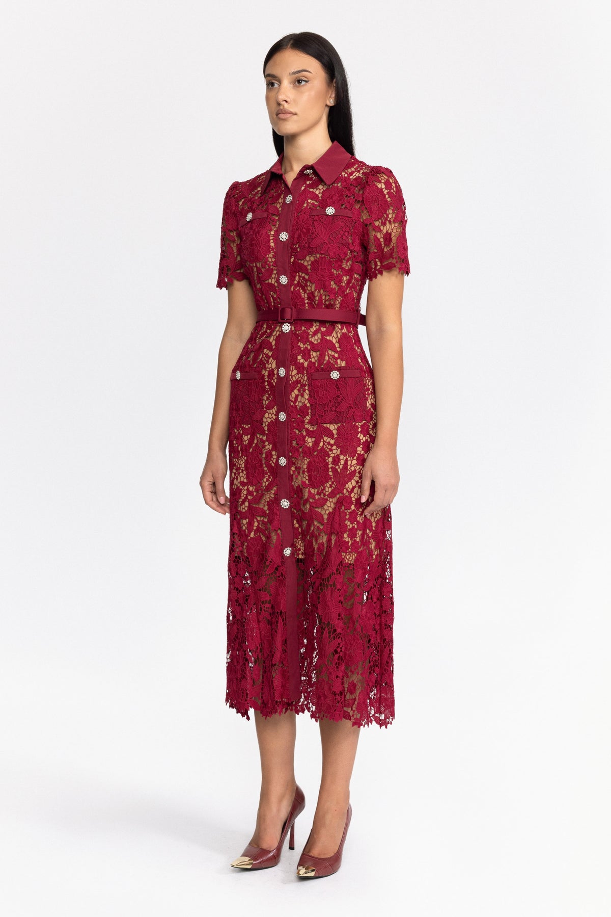 Guipure Lace Crystal Button Shirt Midi Dress - Wine
