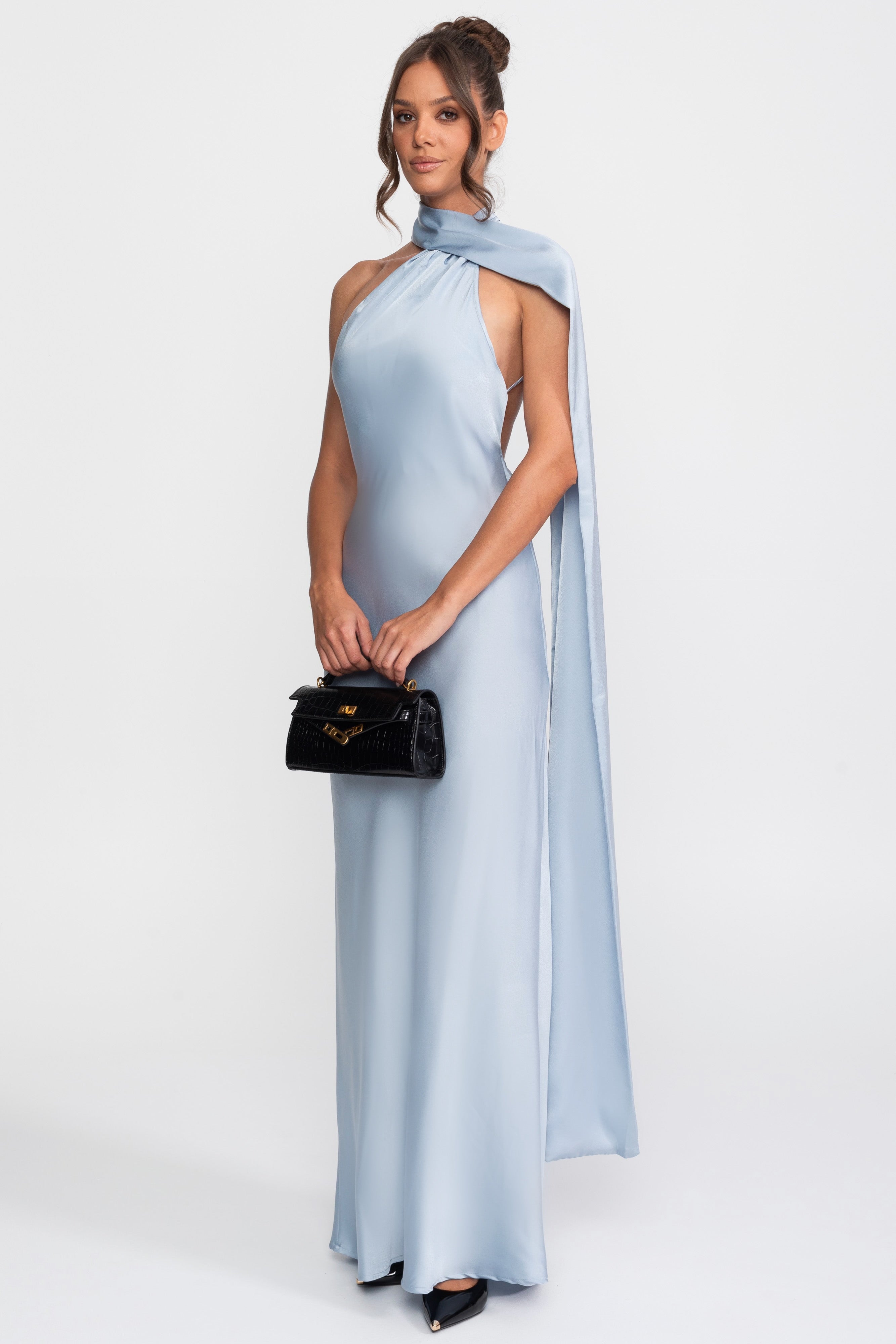 Twist Halter Satin Slip Dress With Asymmetric Neckline - Blue