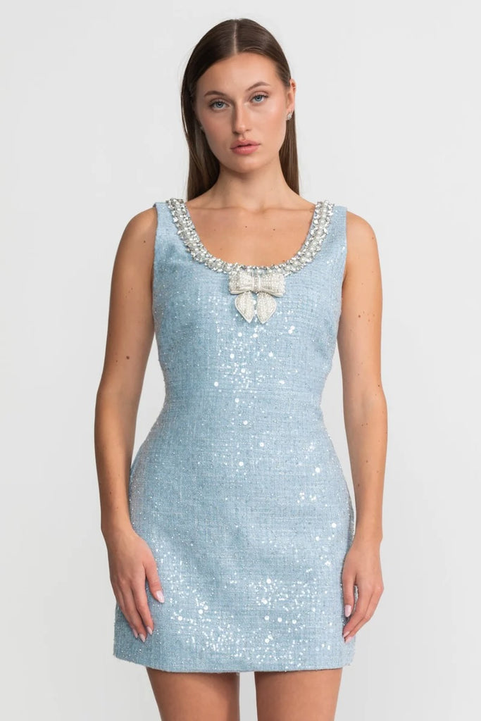 Embellished Tweed Mini Dress With Pearl Bow – Sky Blue