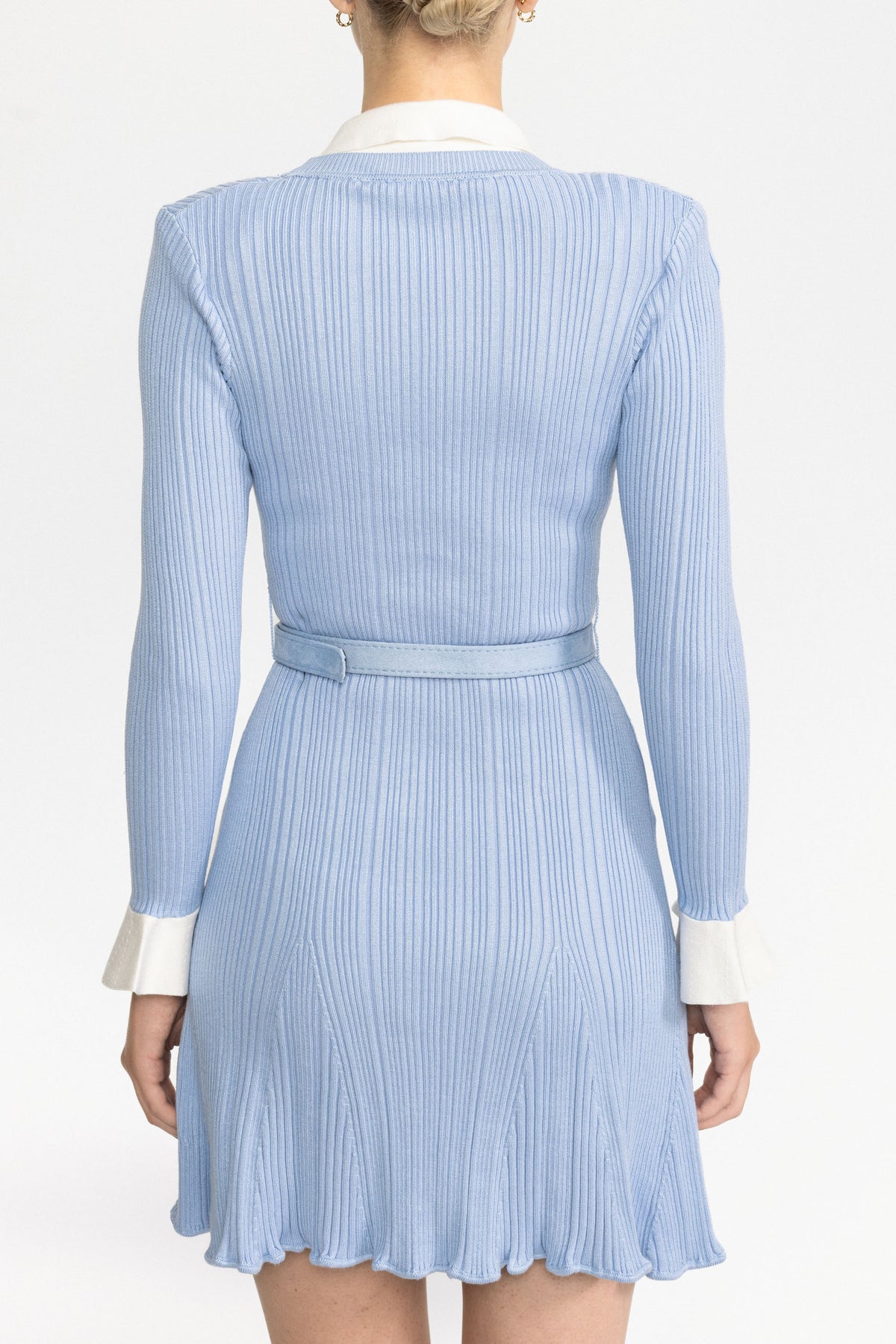 Ribbed Knit Pearl Button Belted Mini Dress - Light Blue