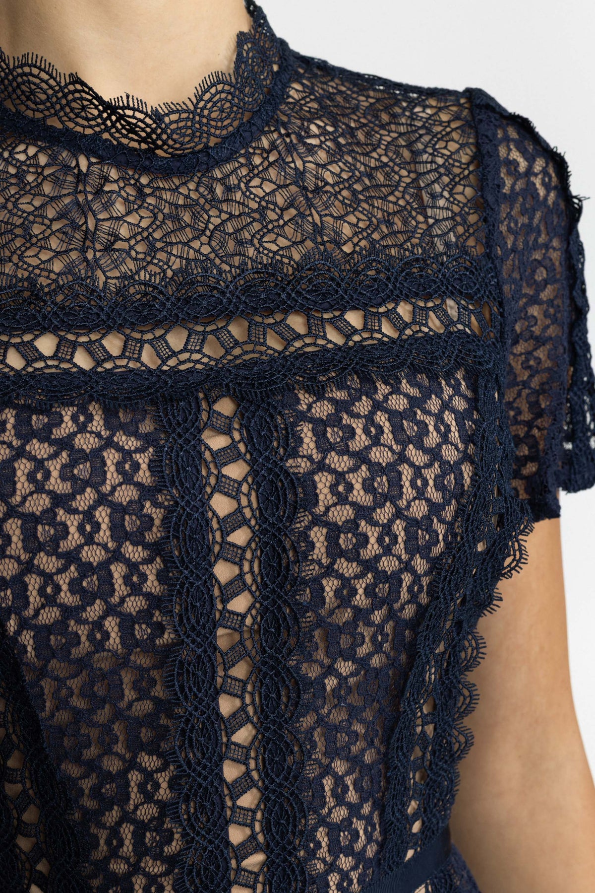 Panelled Lace Tiered Midi Dress - Navy