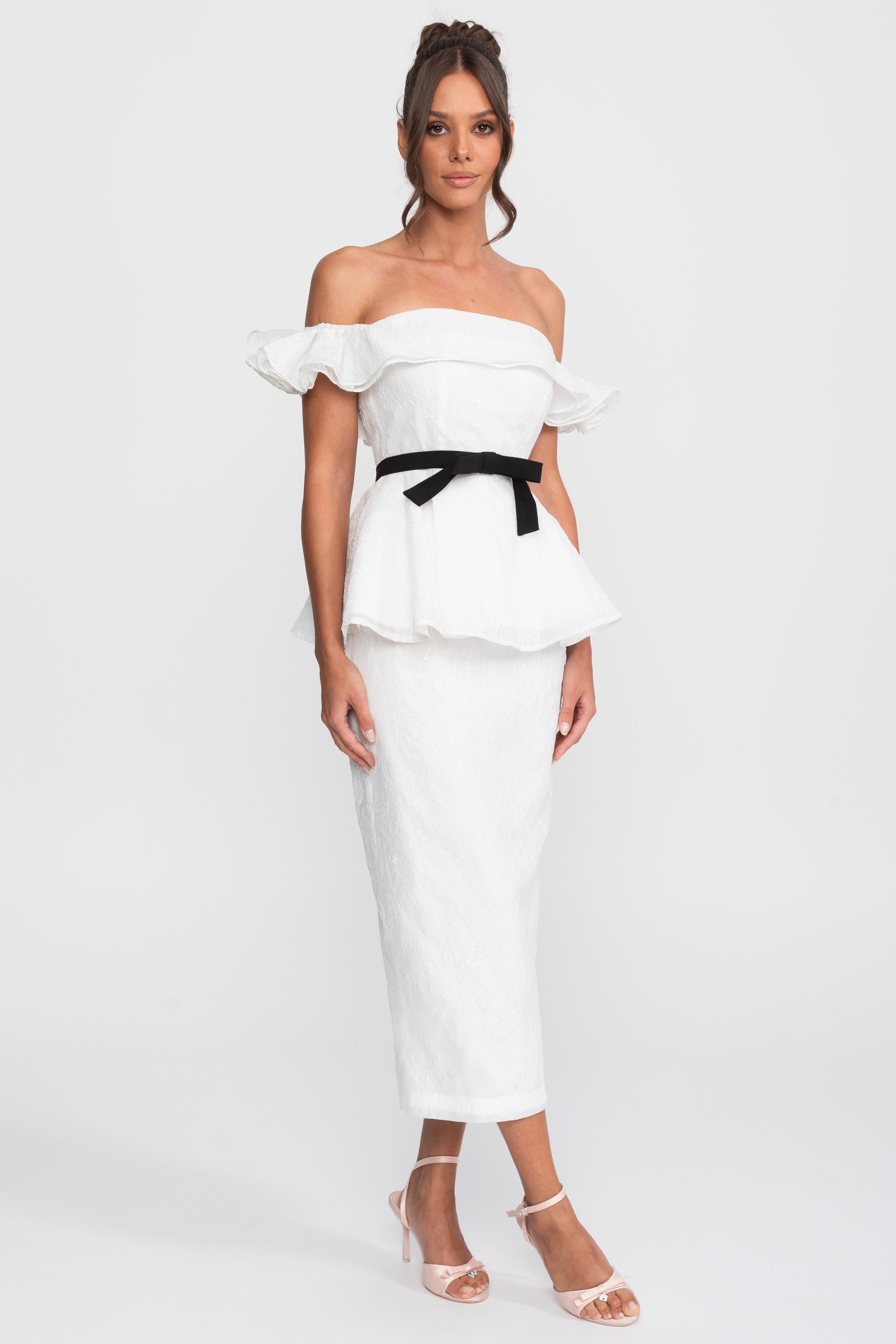 Off-Shoulder Peplum Top And Skirt Set With Black Ribbon Belt - White