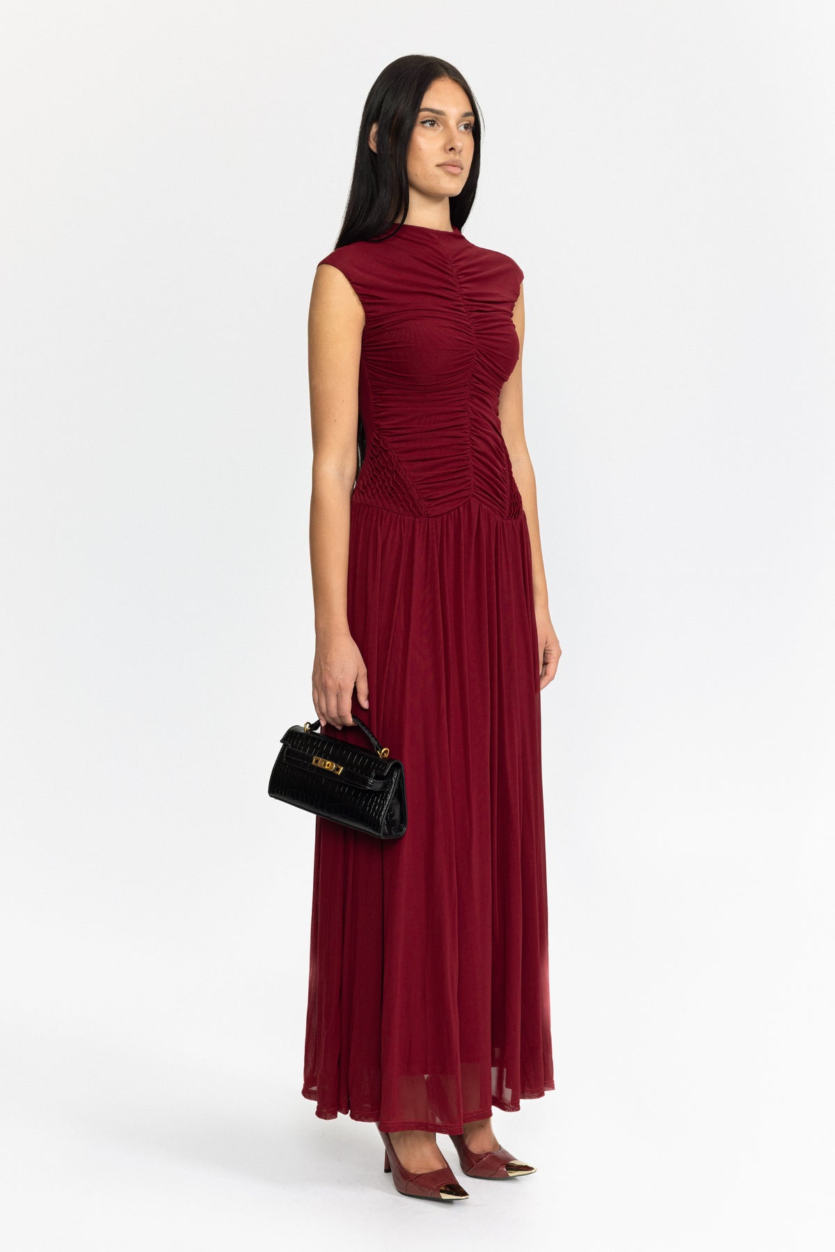 Ruched Mesh Drop Waist Maxi Dress - Wine
