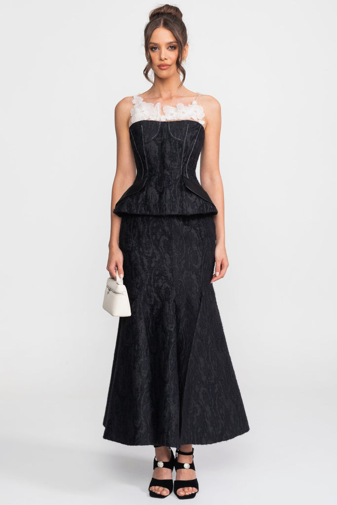 Jacquard Maxi Set With Sheer Floral Neckline And Peplum Waist - Black