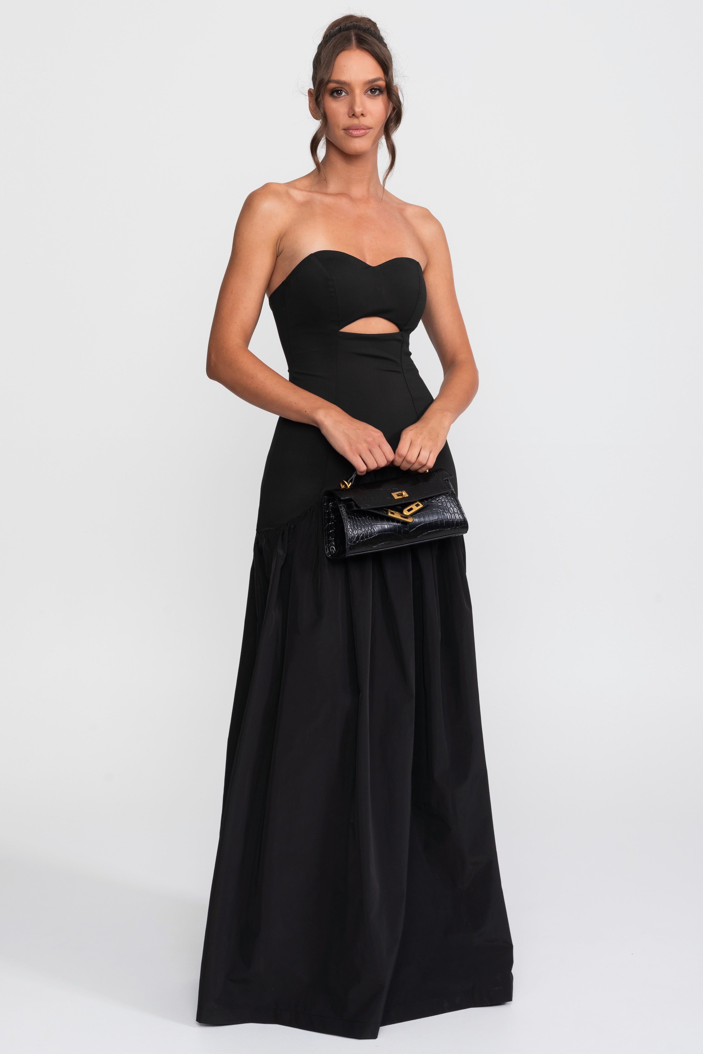 Cutout Sweetheart Drop-Waist Gown With Gathered Skirt - Black