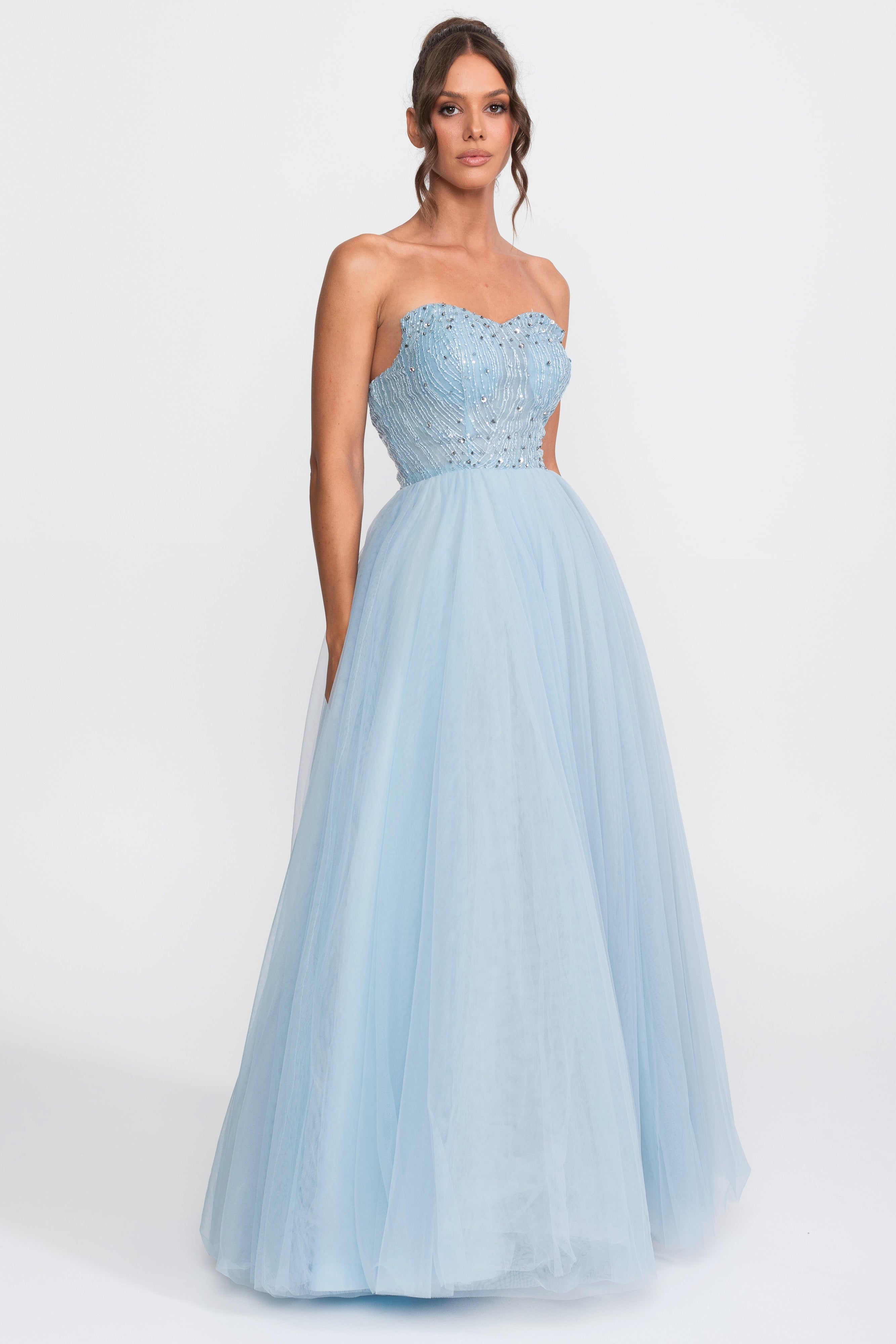 Tulle Strapless Ball Gown With Sequin Embellishments - Light Blue