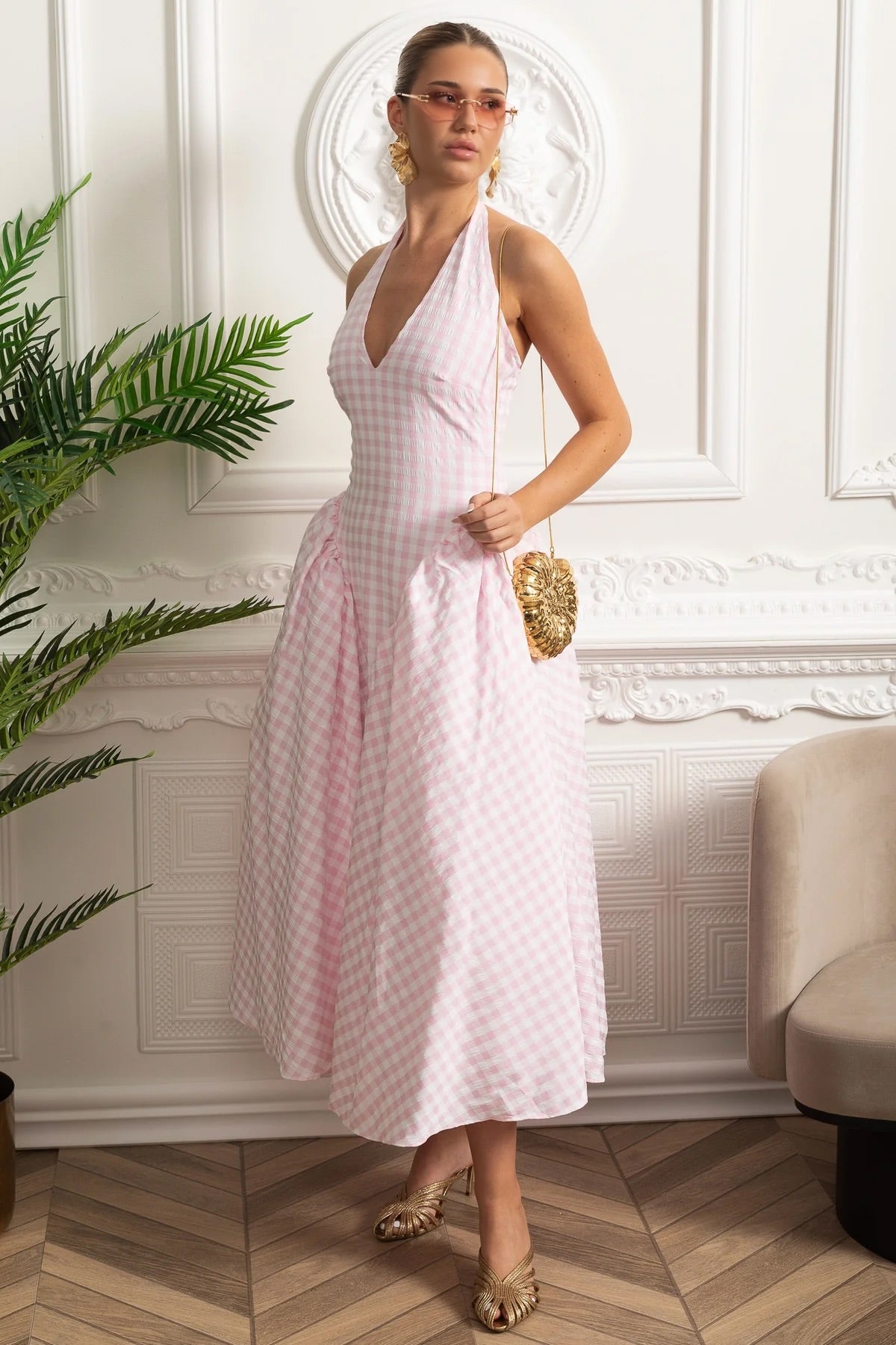 Pastel Checked Halter Dress with Voluminous Skirt - Pink