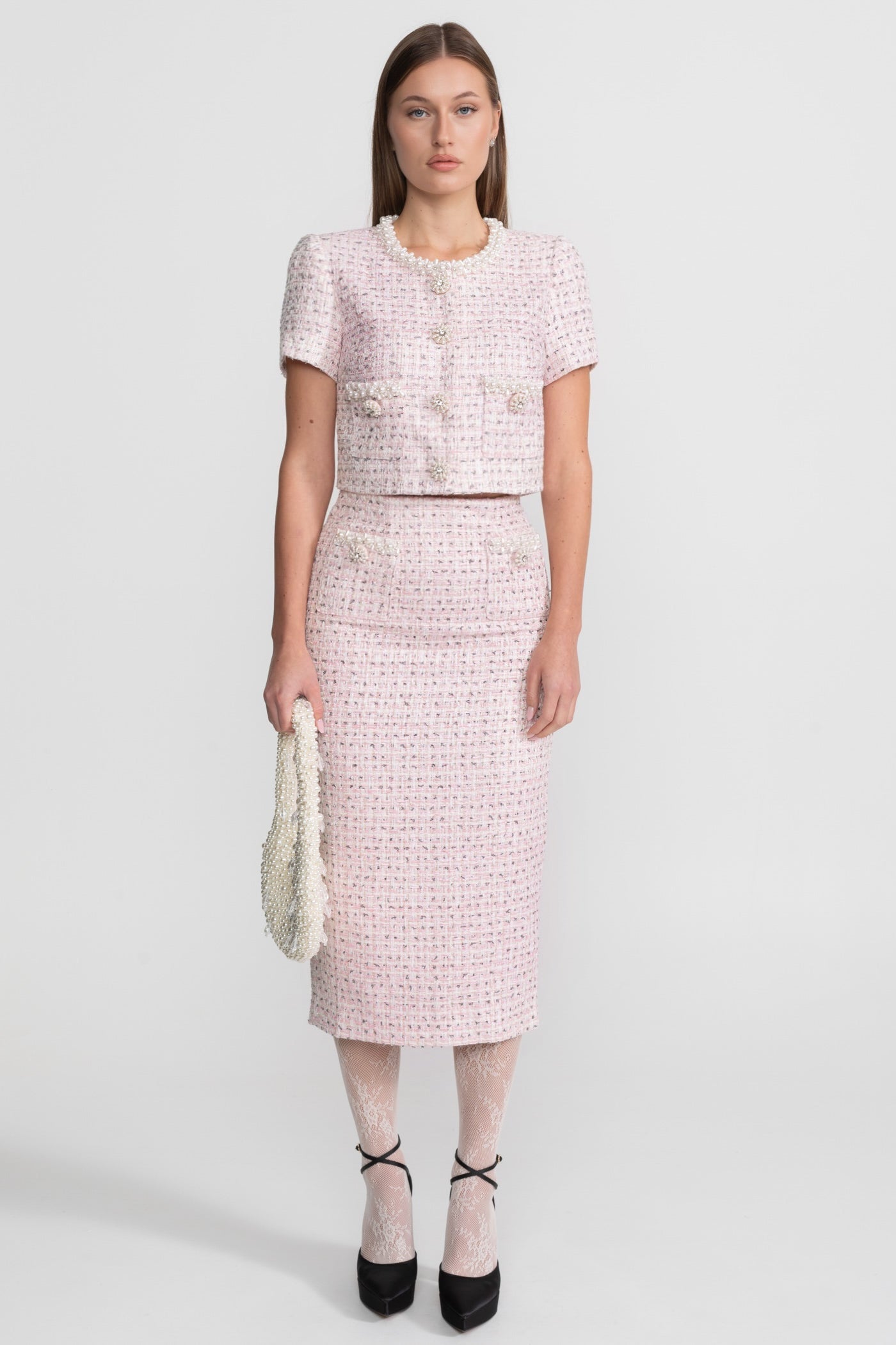 Short Sleeve Pearl-Embellished Top With Sparkling Buttons - Pink