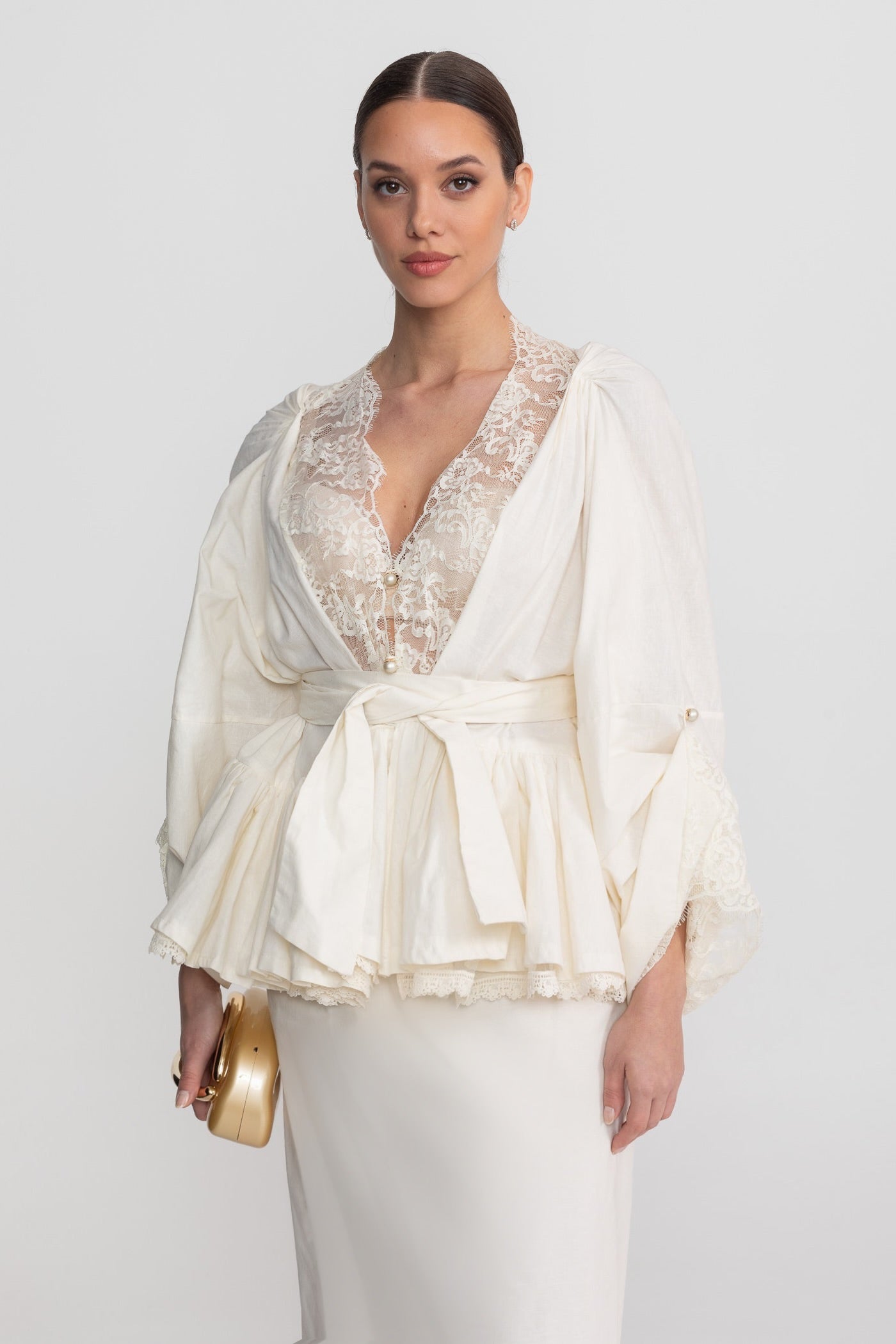 Belted Peplum Co-Ord Set With Lace Insert Detailing - Ivoire