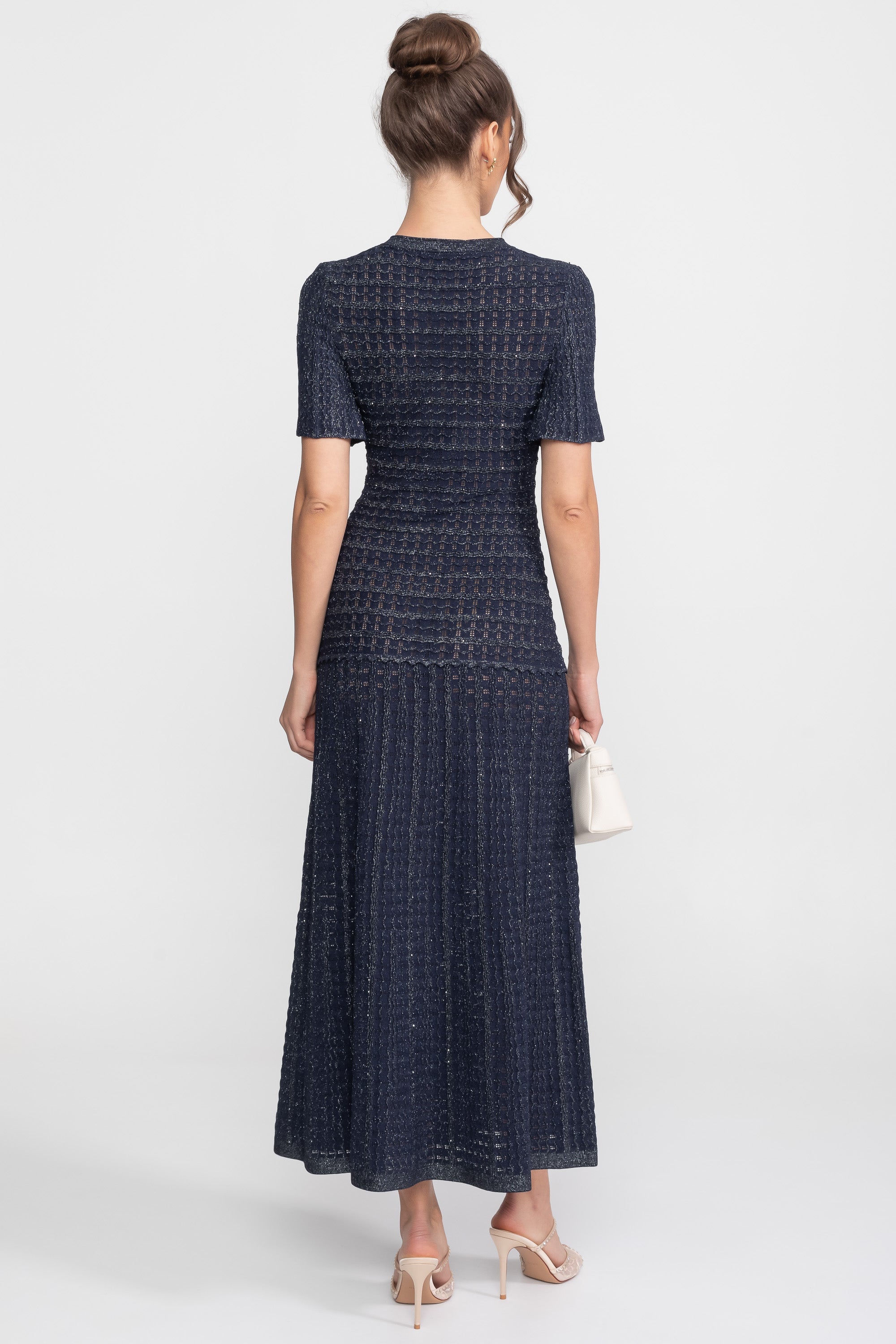 Short Sleeve Midi Dress With Shimmer Knit Texture - Navy