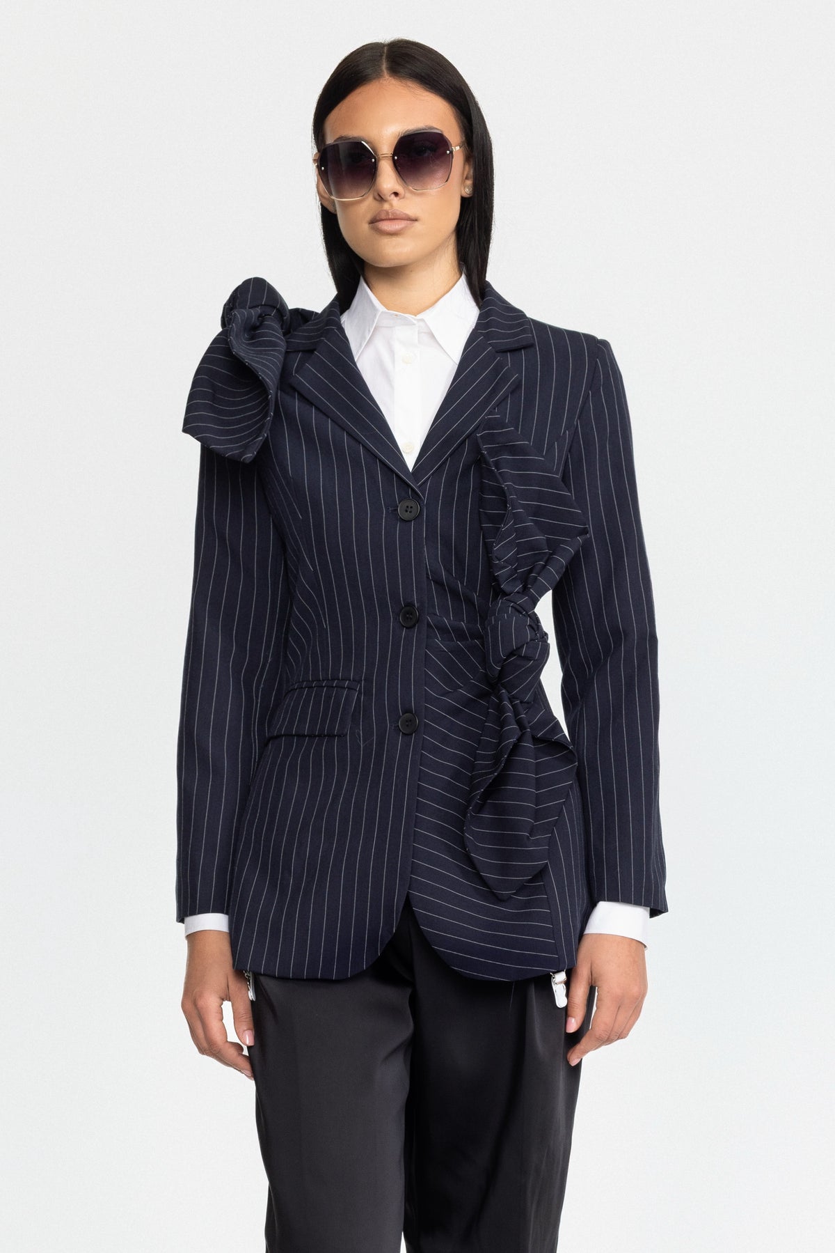 Pinstripe Knotted Bow Blazer - Navy