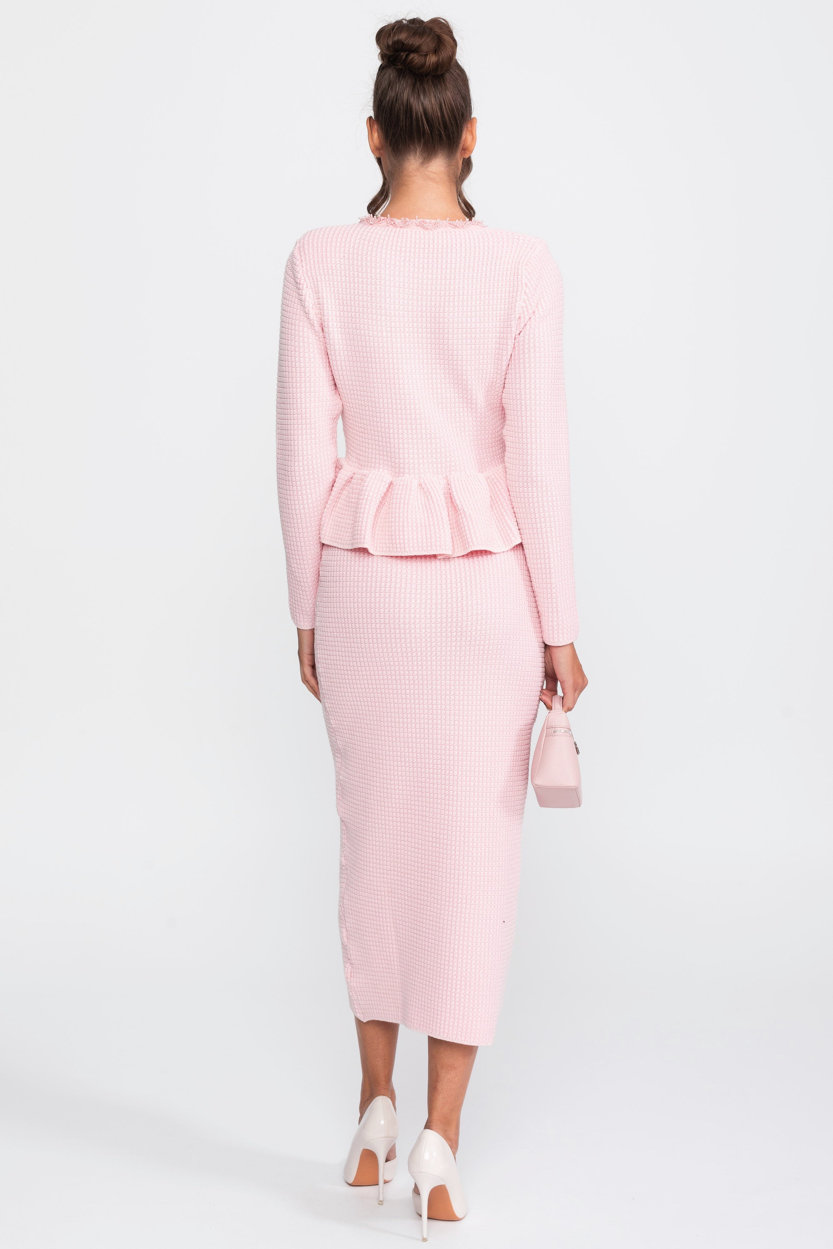 Fringe Trim Knit Peplum Dress With Front Chest Pockets - Pink