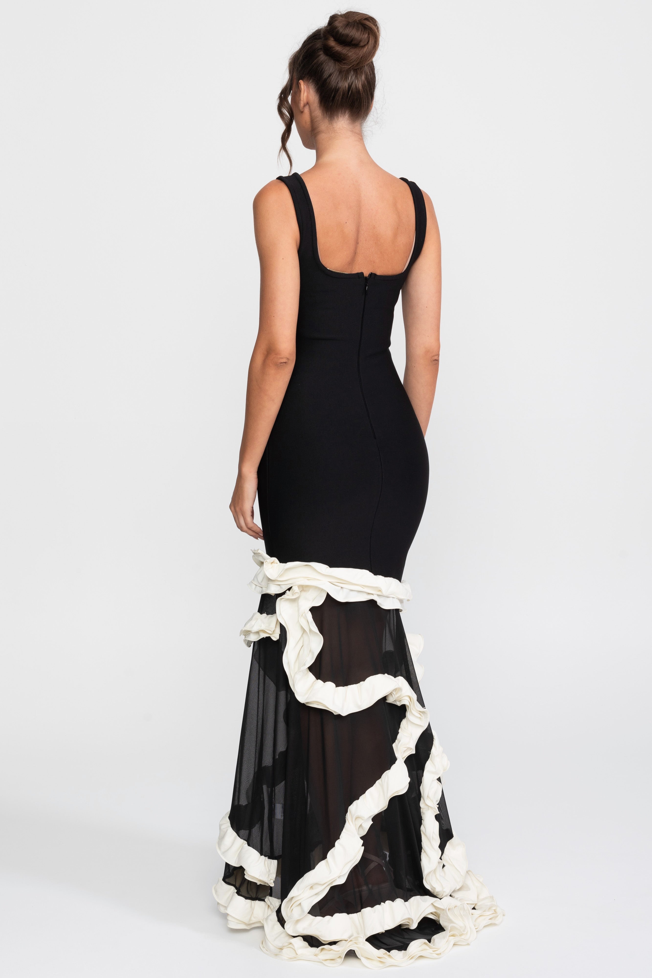Ruffle Hem Bodycon Dress With Square Neck - Black