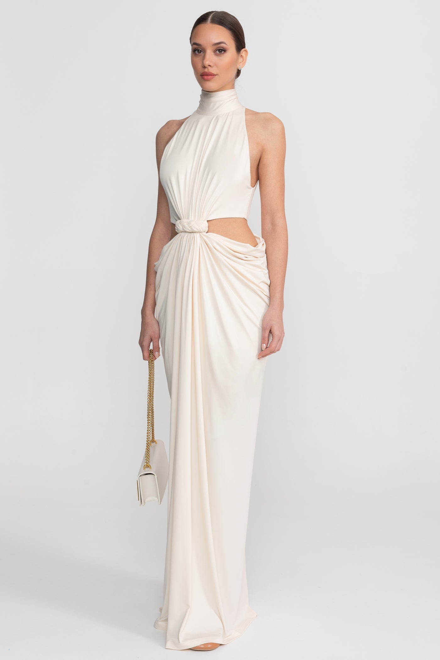 High Neck Halter Maxi Dress With Knotted Cut-Out Waist - Ivoire