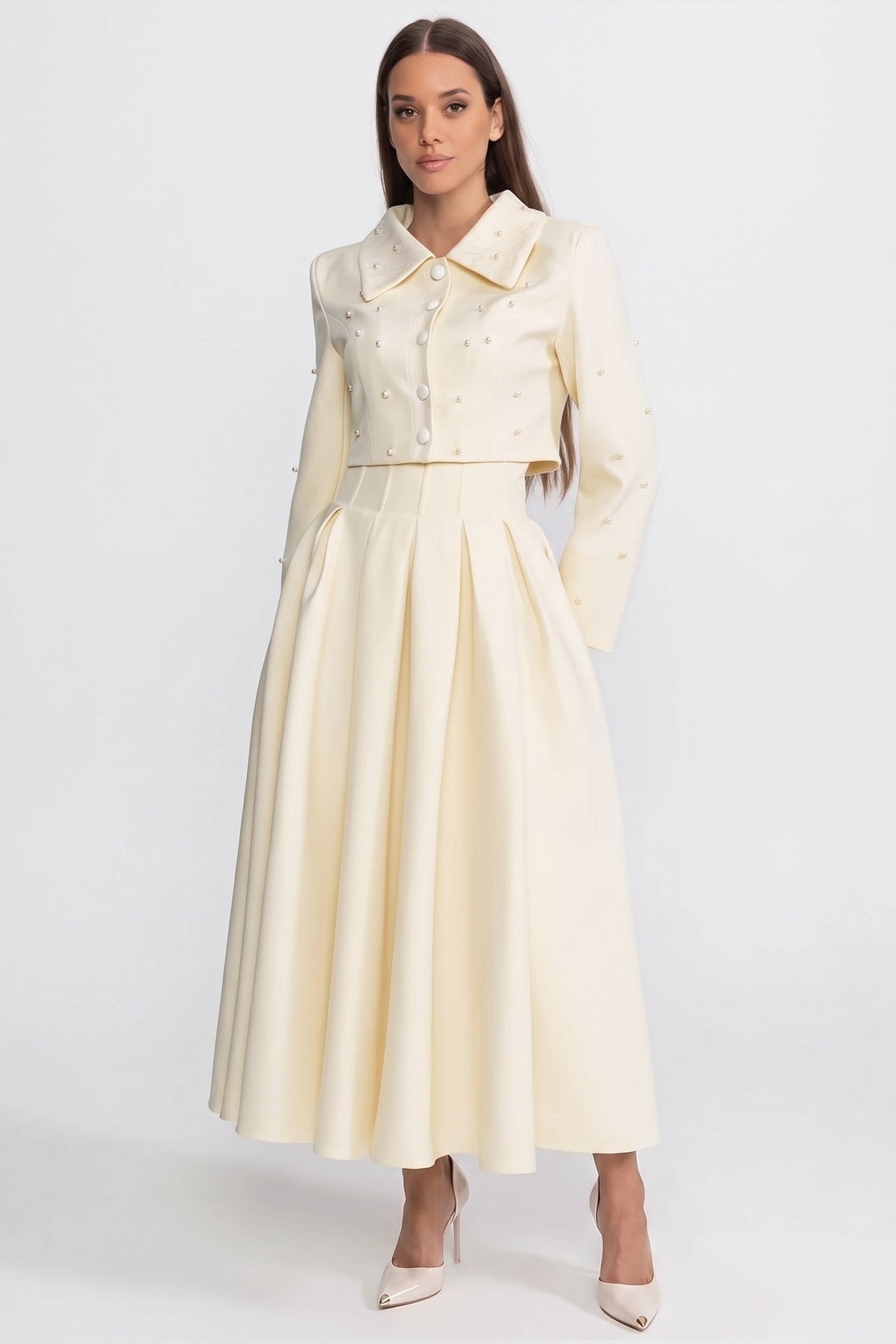 Pearl-Embellished Co-Ord Set with Cropped Jacket and Full Skirt – Ivoire