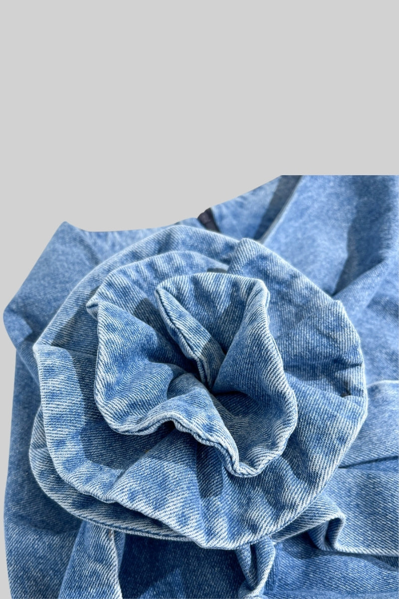 Asymmetrical Floral Denim Skirt - Blue