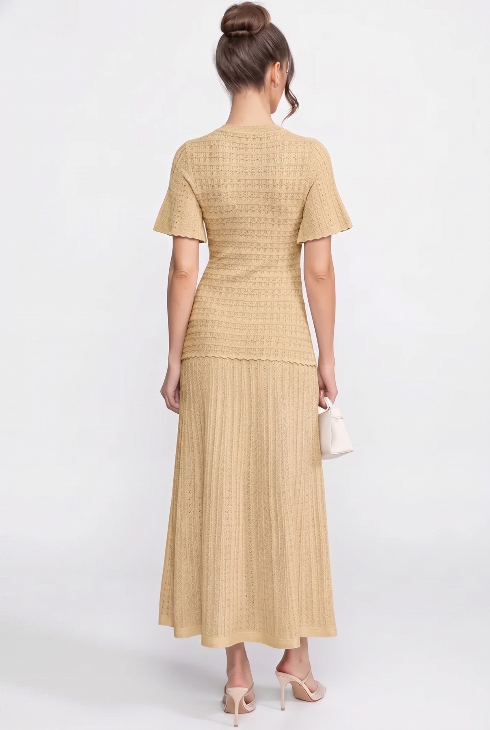 Short Sleeve Midi Dress With Shimmer Knit Texture - Beige