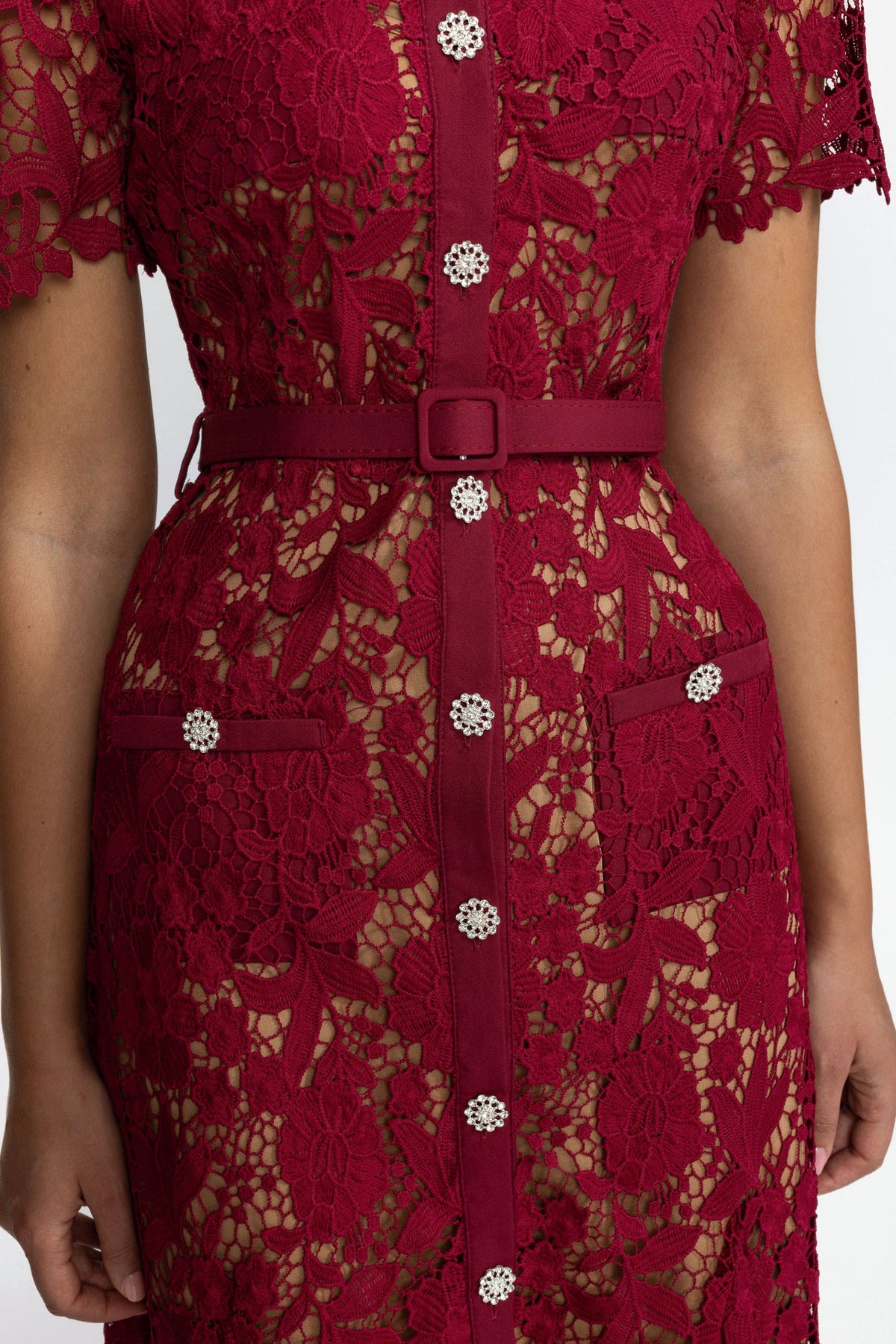 Guipure Lace Crystal Button Shirt Midi Dress - Wine