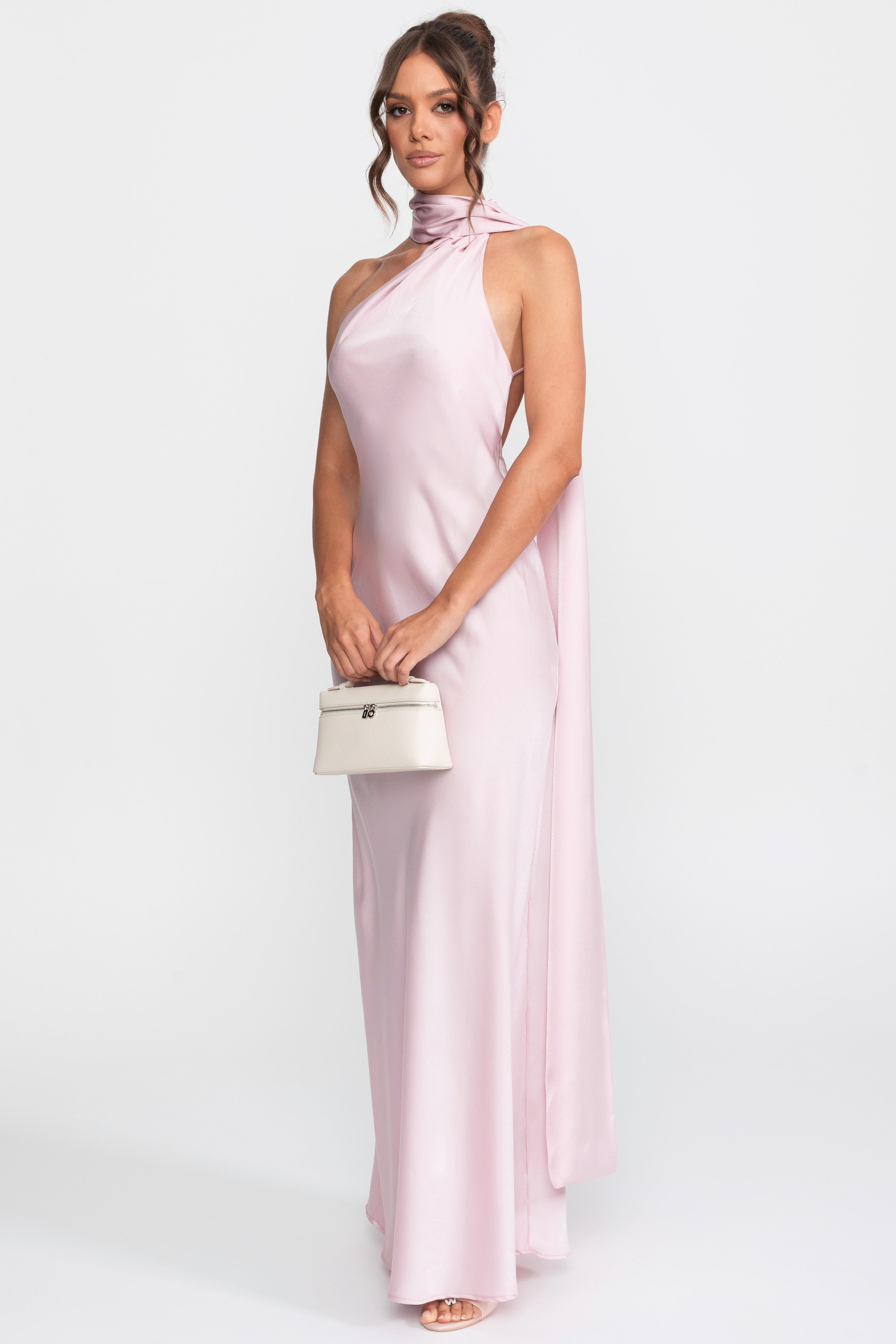 Twist Halter Satin Slip Dress With Asymmetric Neckline - Pink