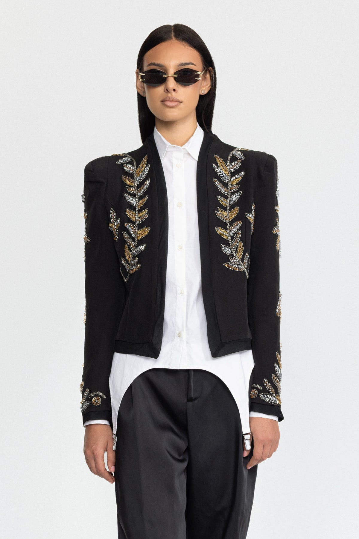 Embellished Laurel Cropped Blazer - Black