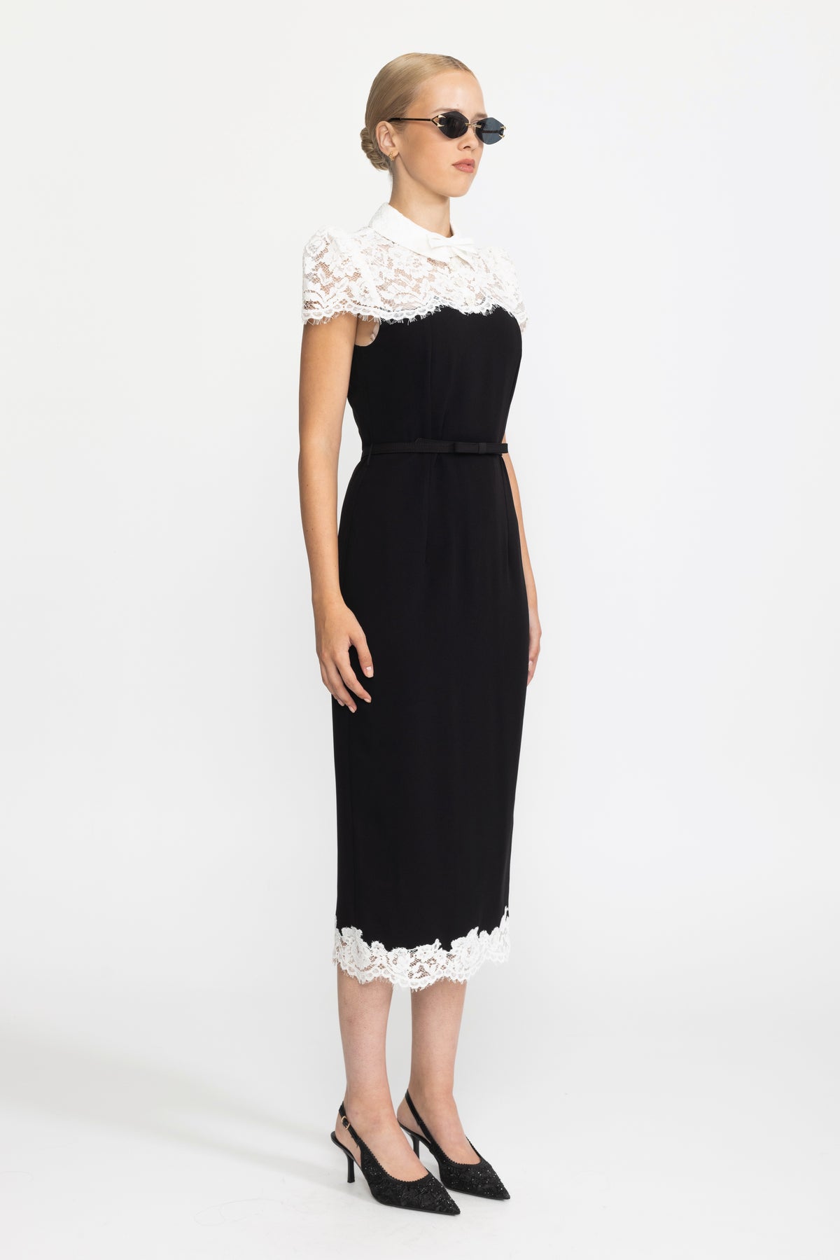 Lace Yoke Bow Collar Crepe Midi Dress - Black