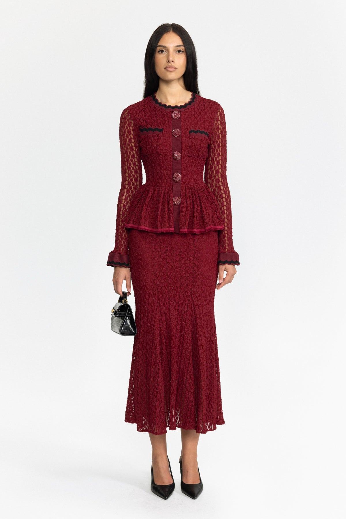 Crochet Knit Peplum Midi Dress with Ric-Rac Trim - Wine