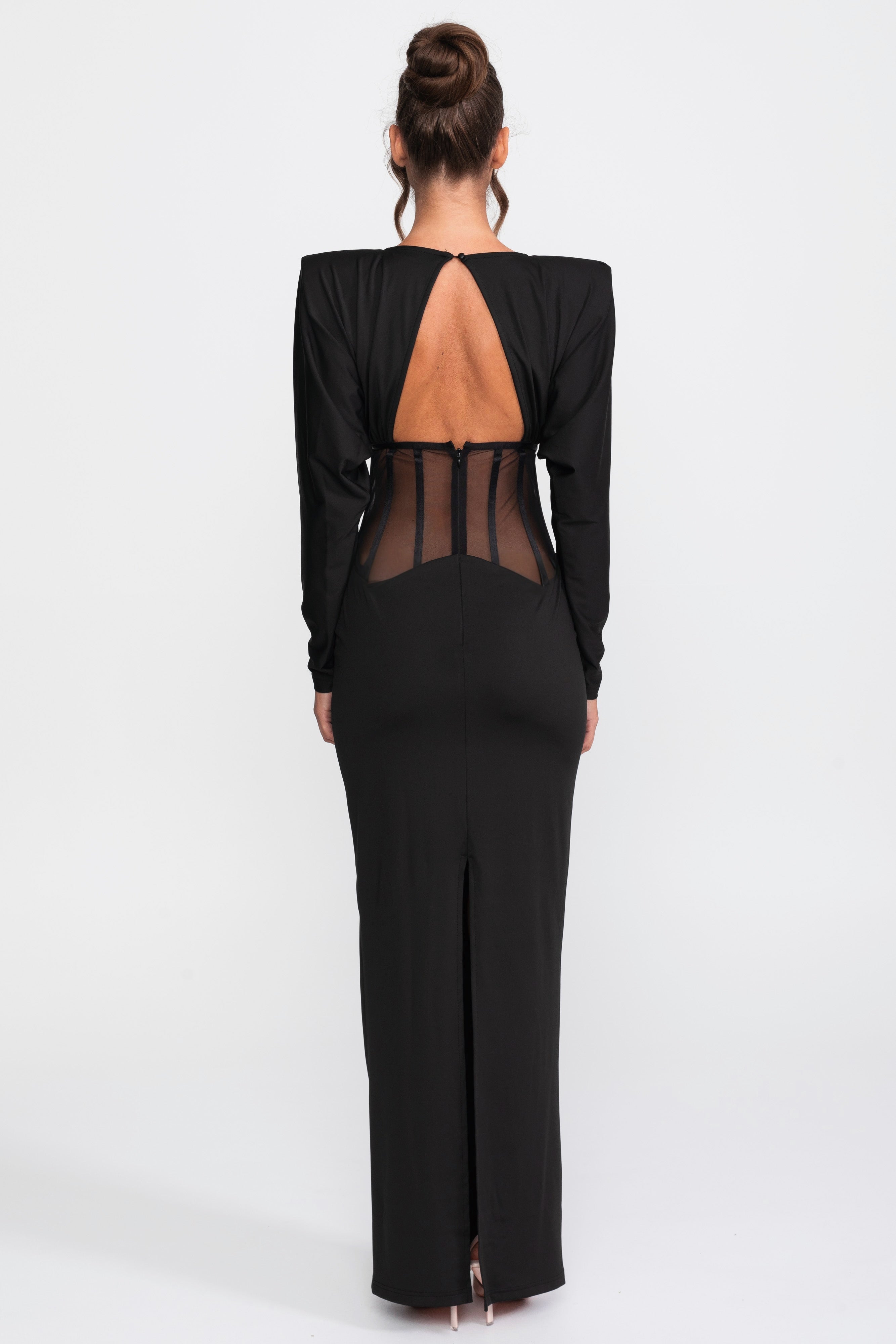 Cutout Sheer Panel Gown With Long Sleeves - Black