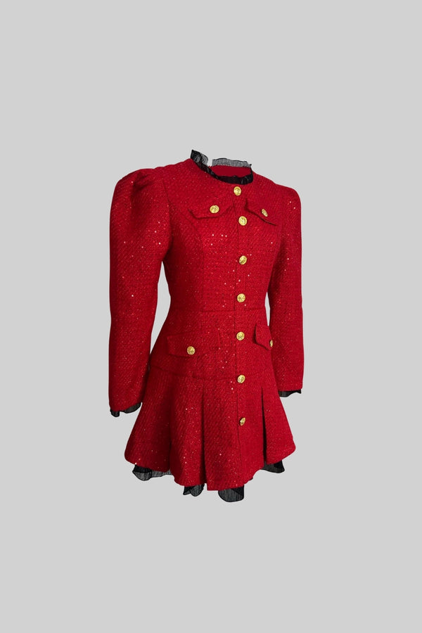 Tweed Dress with Peplum and Gold Buttons - Red