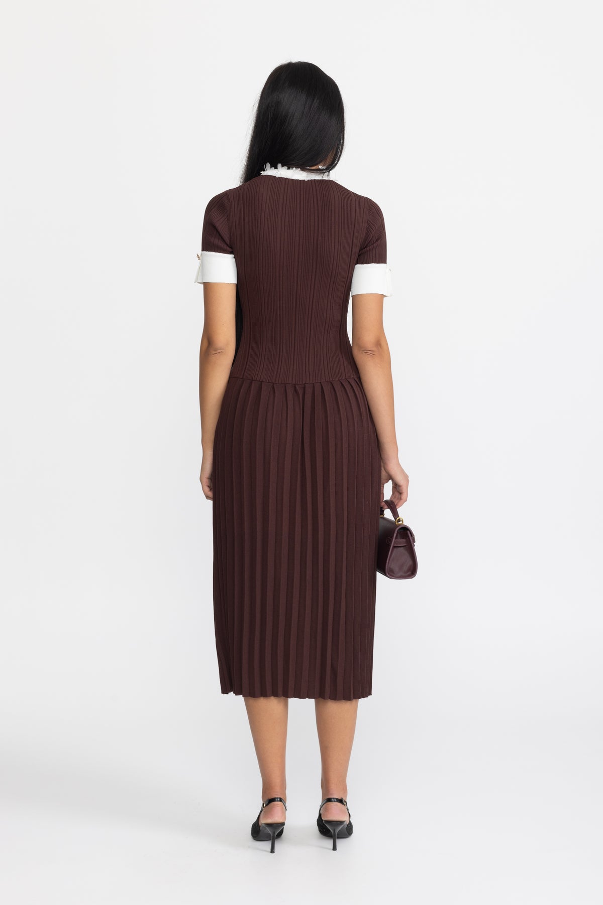Pleated Knit Ruffle Trim Midi Dress - Chocolate