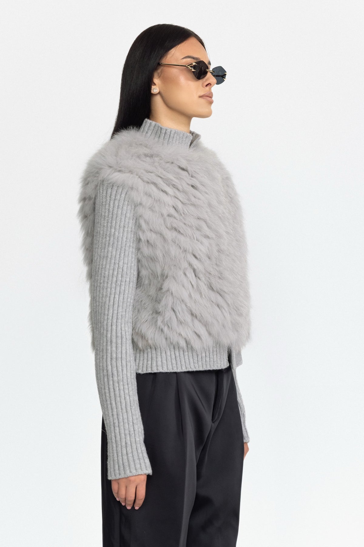 Knitted Fox Fur Jacket with Rib Knit Sleeves - Grey