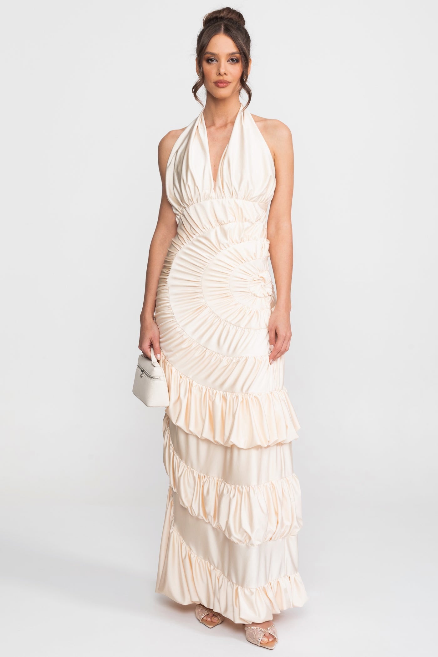 Halter Maxi Dress With Fan-Pleated Bodice And Tiered Ruffle Skirt - Ivoire