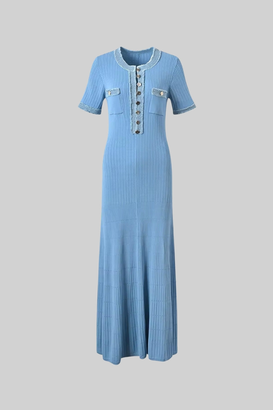 Ribbed Knit Maxi Dress - Blue