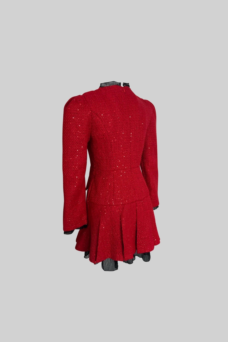 Tweed Dress with Peplum and Gold Buttons - Red