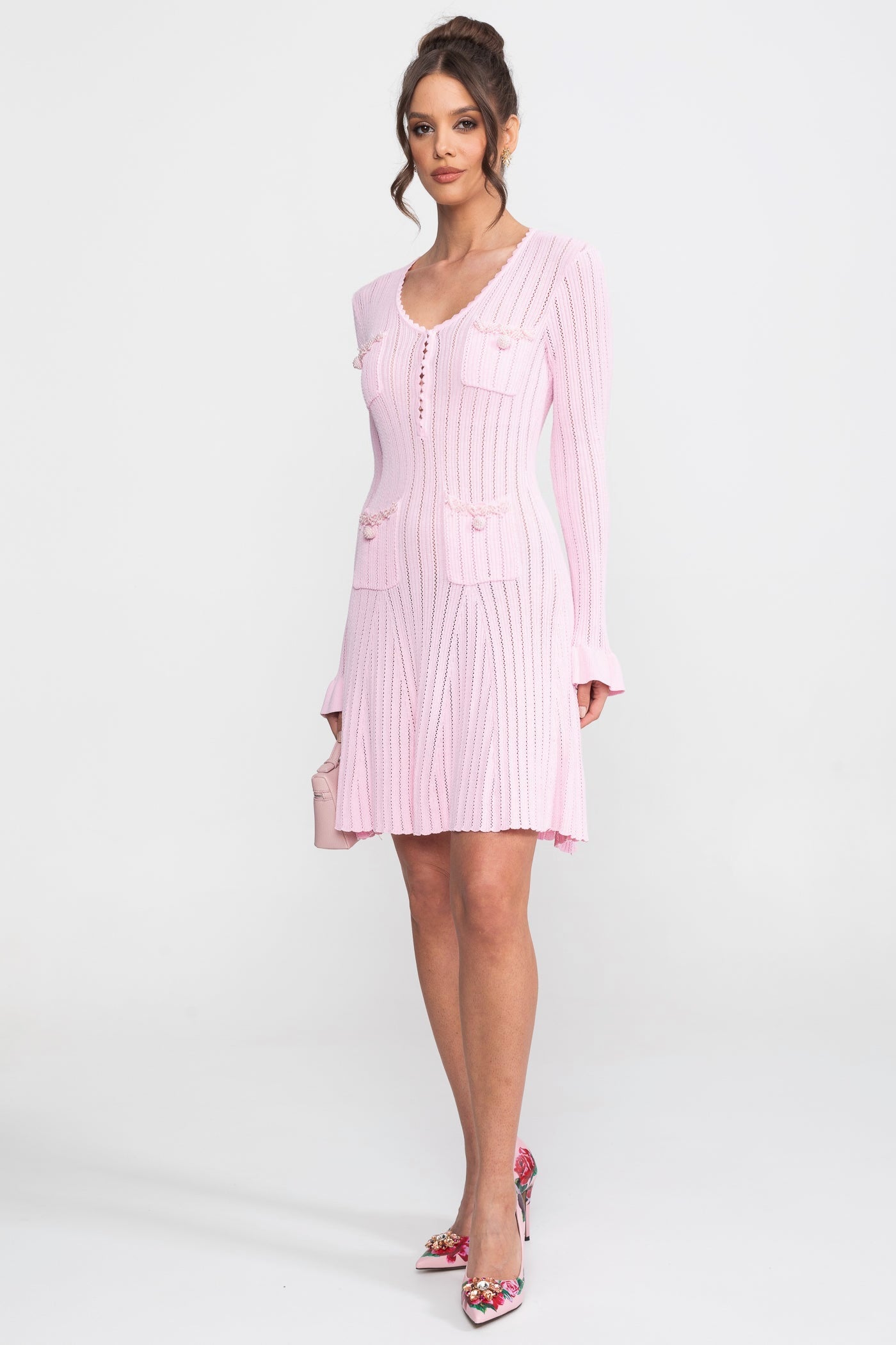 Open-Knit Mini Dress With Scallop Neck And Ruffle Cuffs - Pink