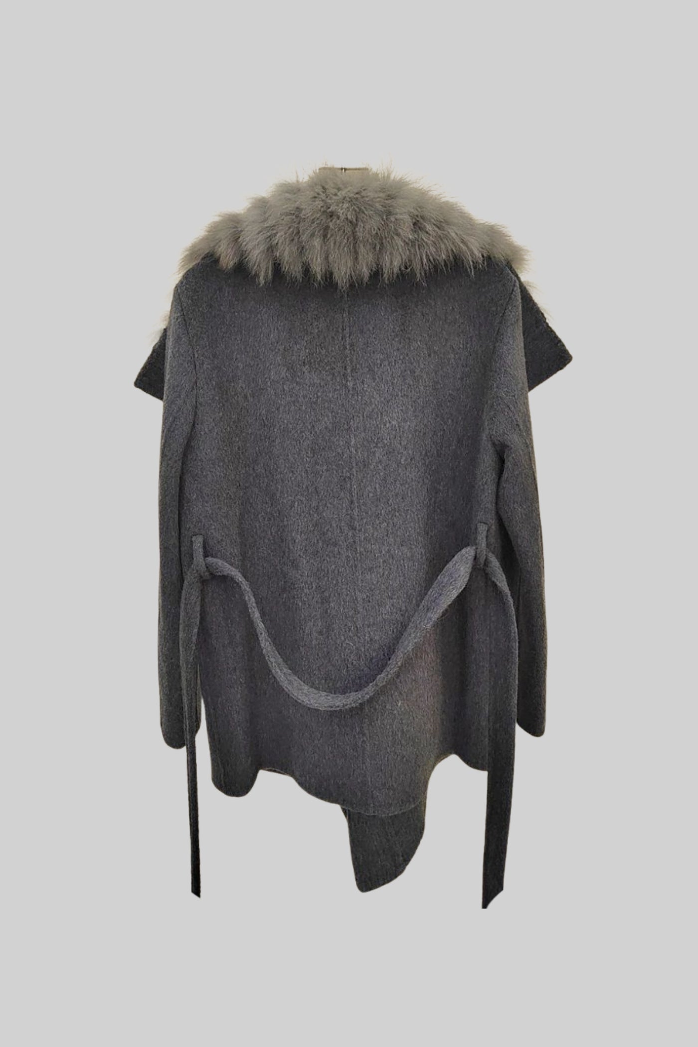 Wool Coat with Oversized Fur Collar And Belt - Gray