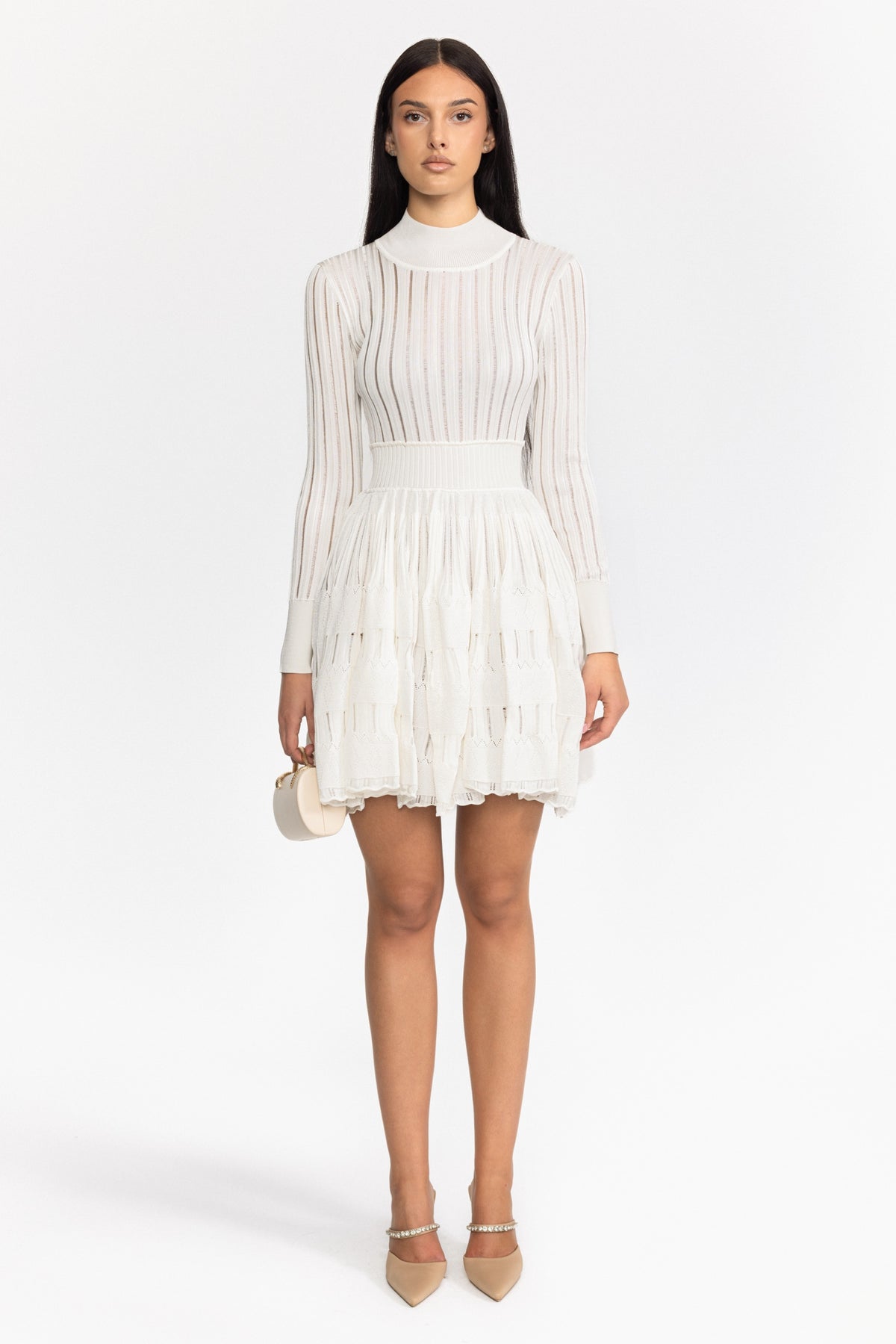 Sheer Ladder Knit Long Sleeve Skater Mini Dress - White