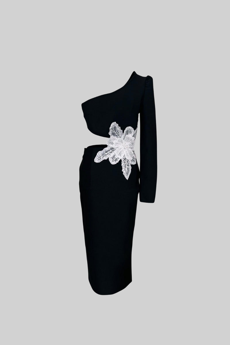 One Shoulder Midi Dress with Contrastant Flower detail - Black