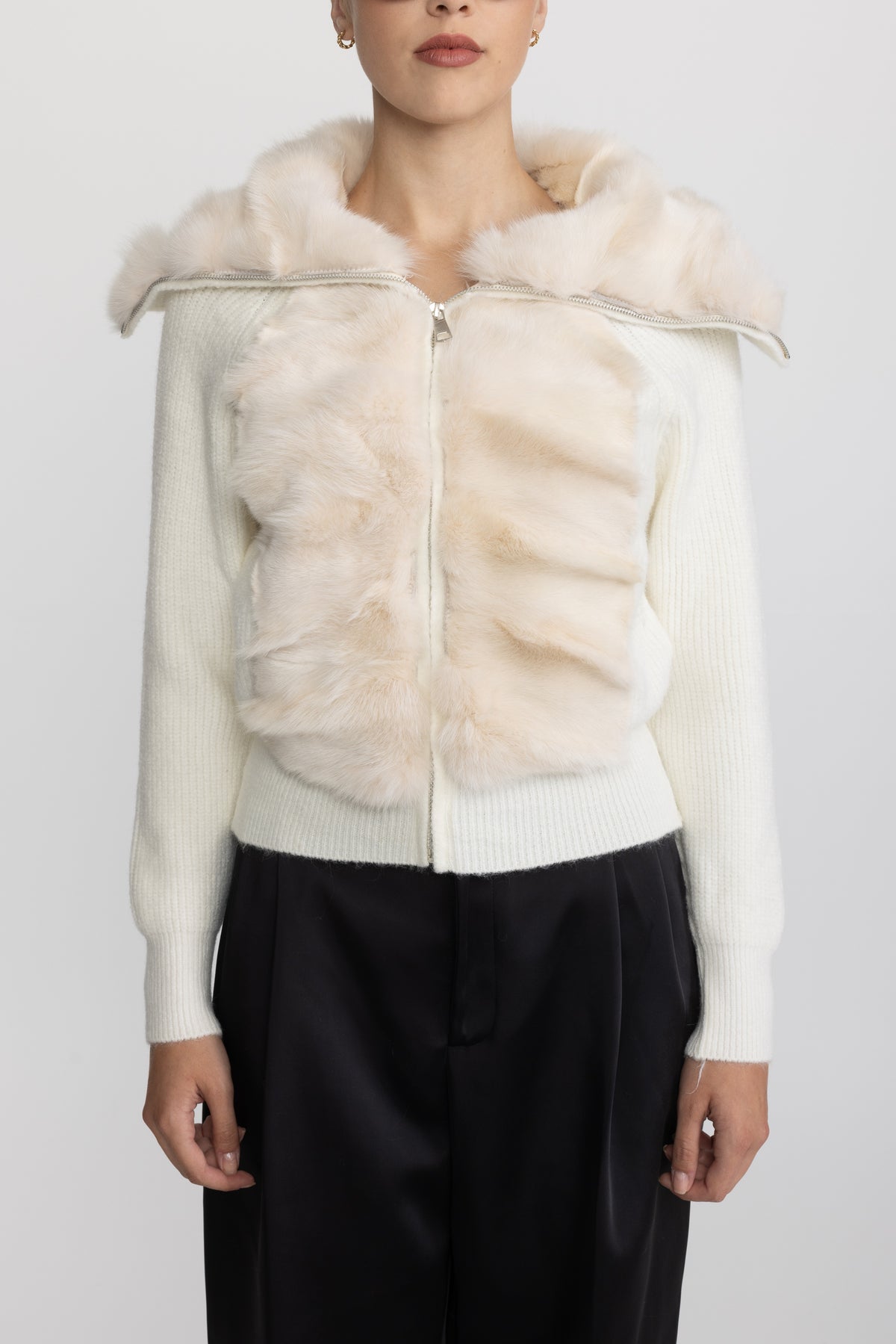 Rabbit Fur Panel Knit Zip Cardigan - Ivoire