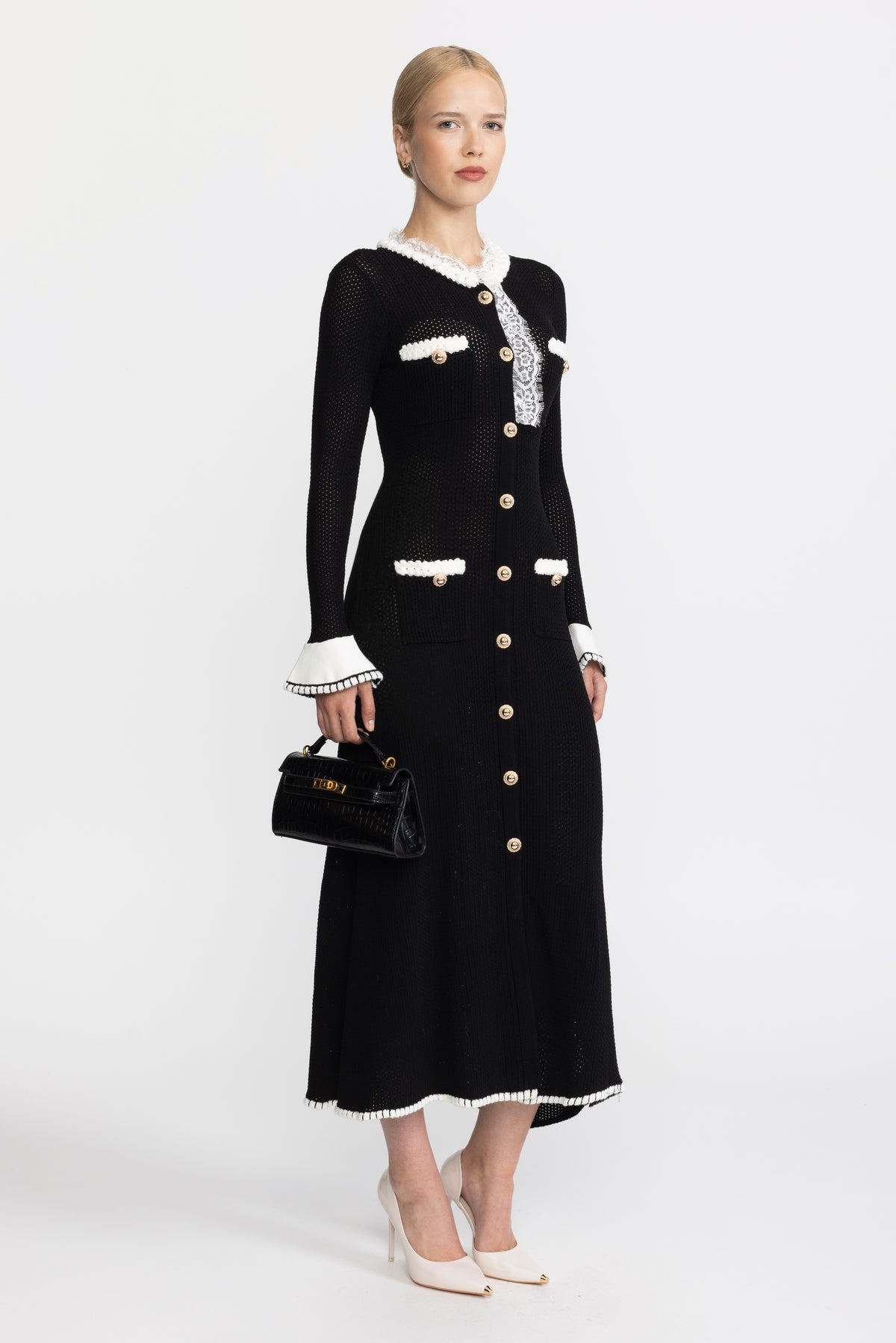 Lace Trim Pointelle Knit Button-Front Midi Dress - Black