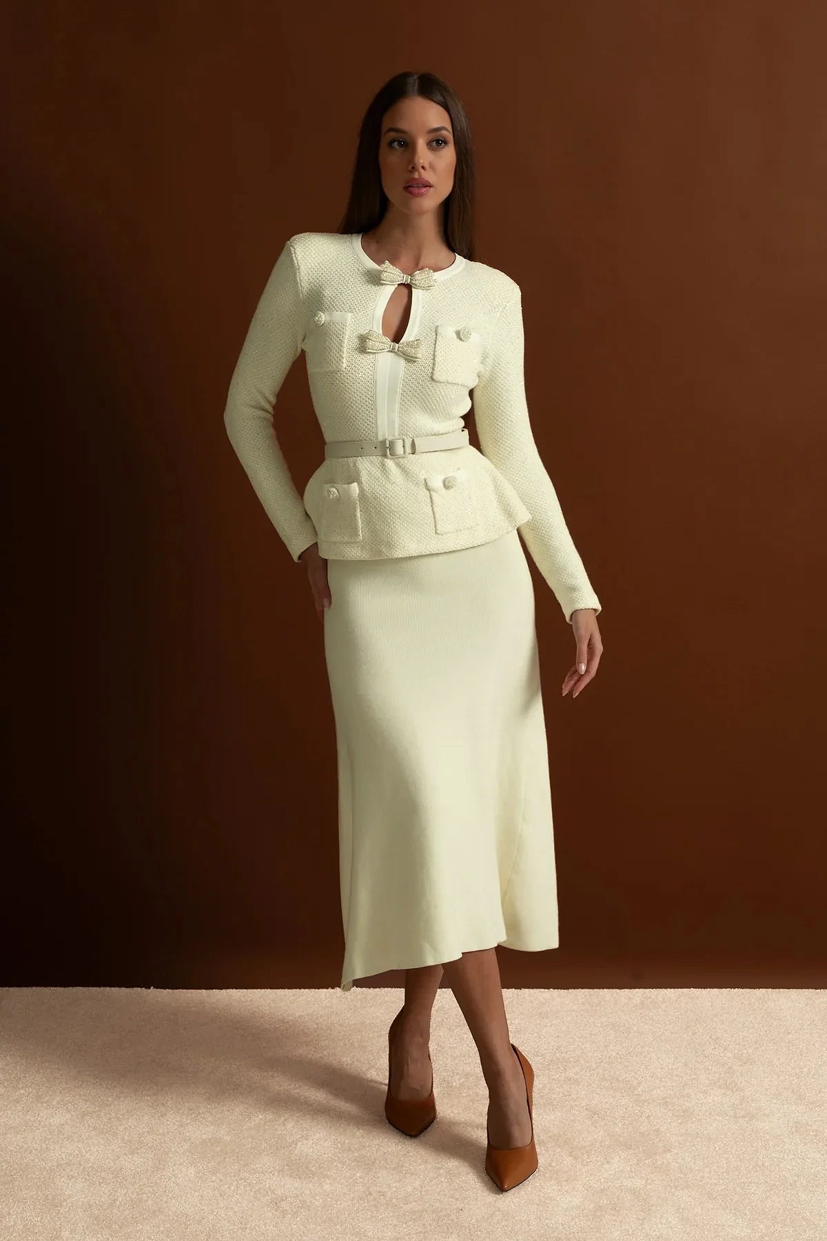 Tweed Peplum Knit Midi Dress – Ivoire