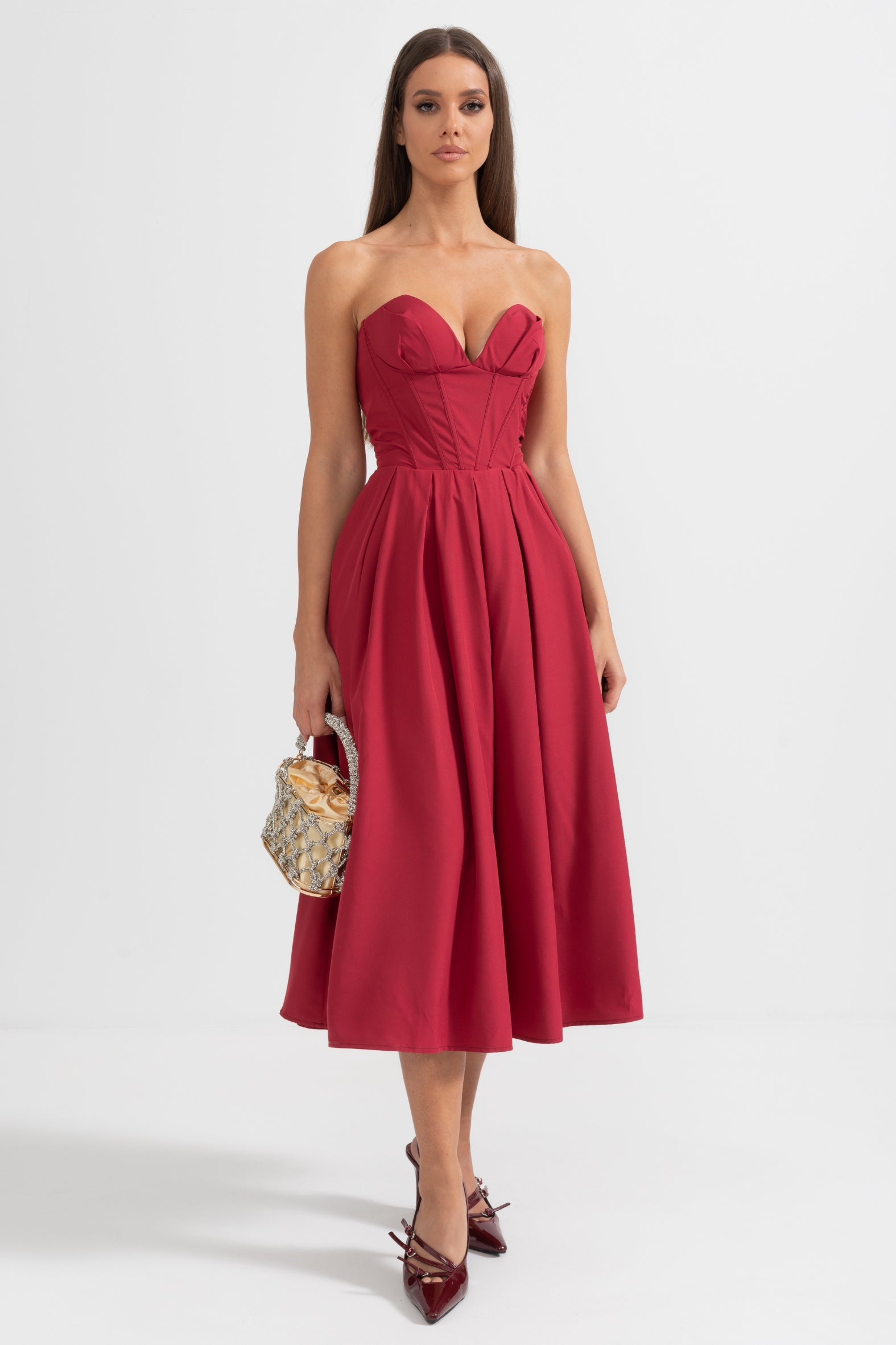 Sophisticated Strapless Midi Dress with Fitted Bodice Burgundy M