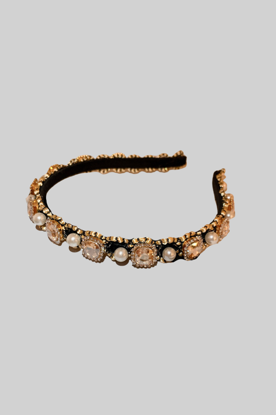 Elegant Gemstones And Pearls Headband - Beige