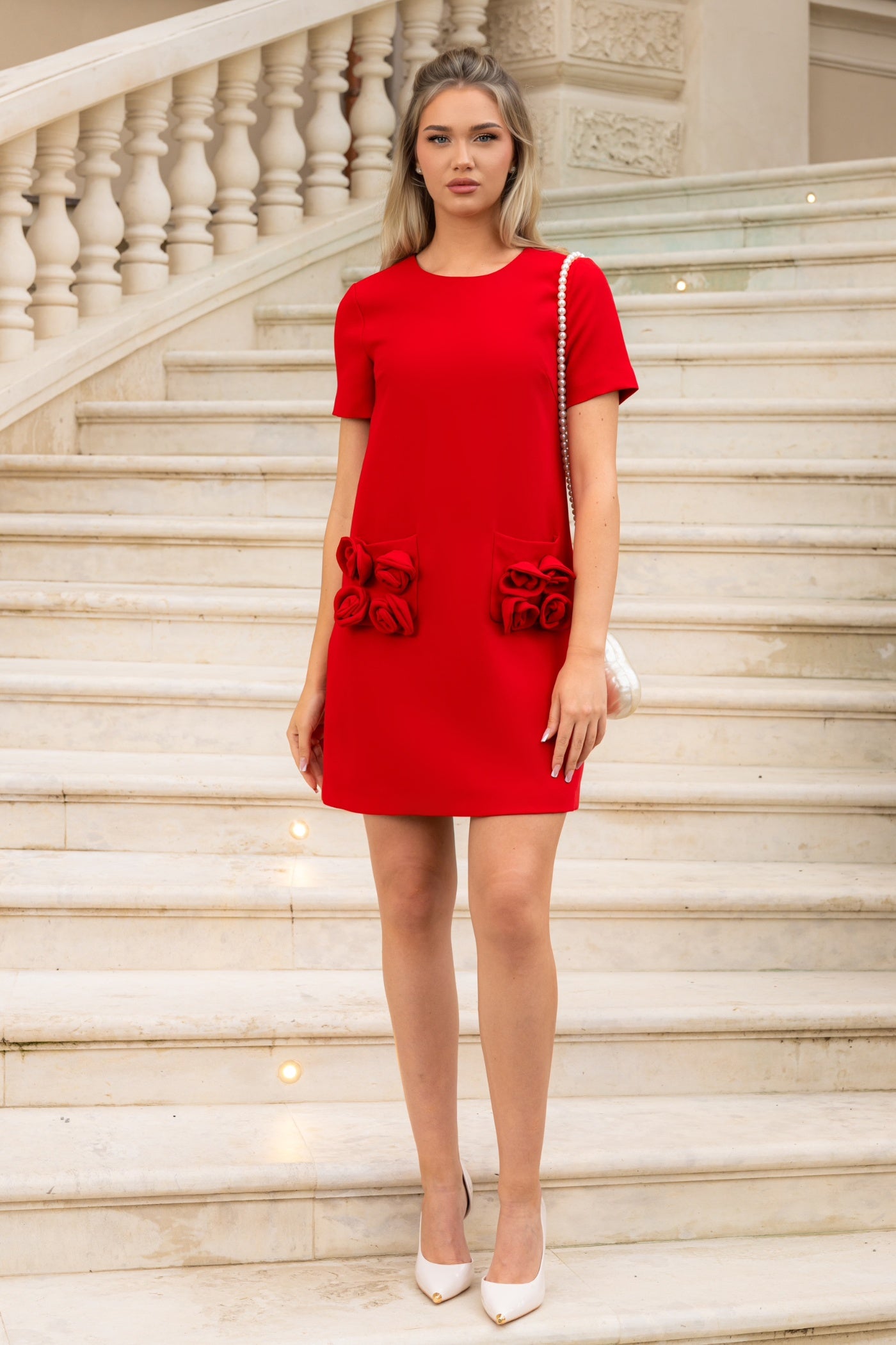 Short Sleeve Mini Roses Dress - Red