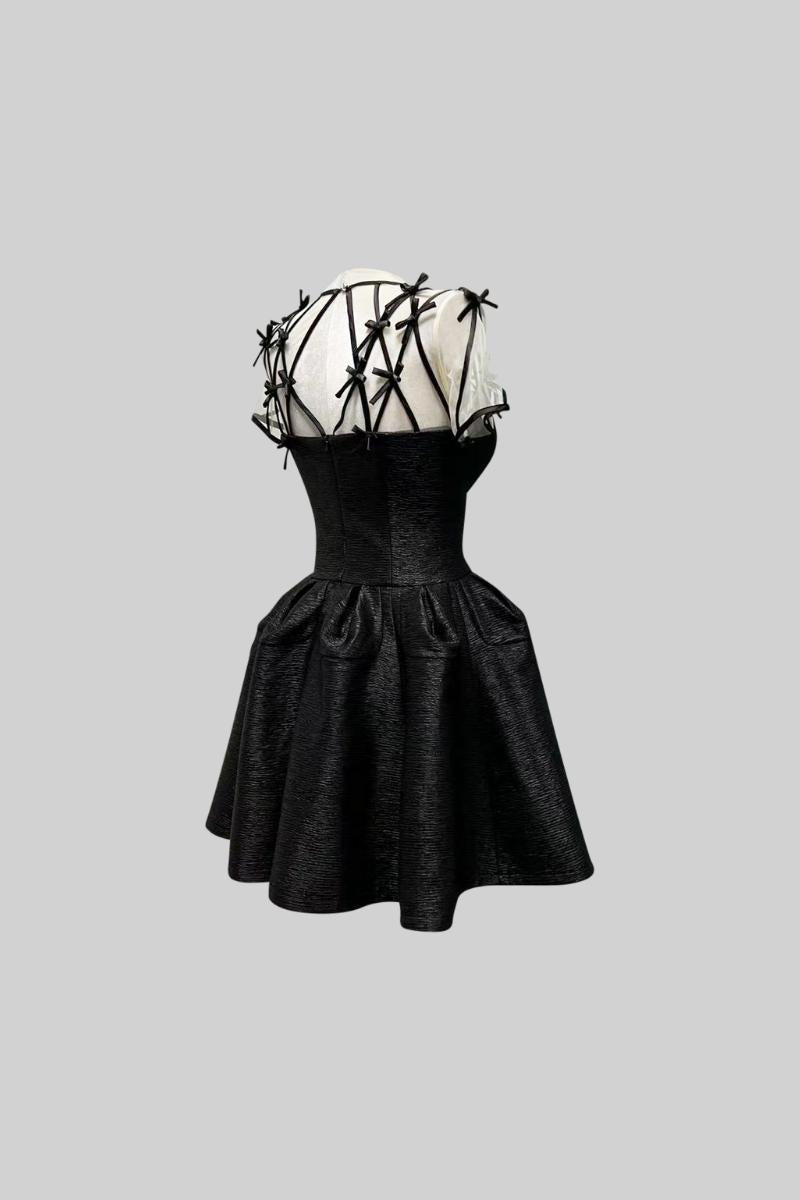 Short Sleeve Dress with Mini Ribbons - Black