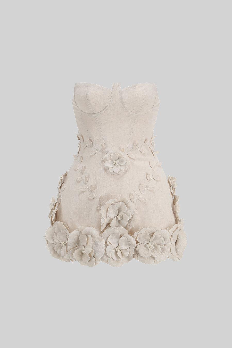 Bustier Dress With 3D Floral Appliqués - Ivoire