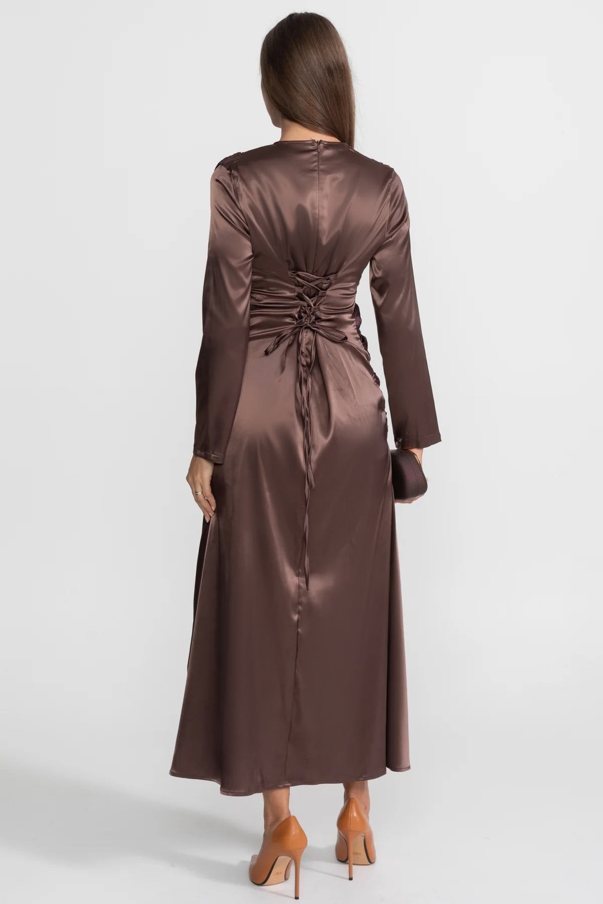 Satin Midi Dress with Draped Overlay and Knot Detail - Brown