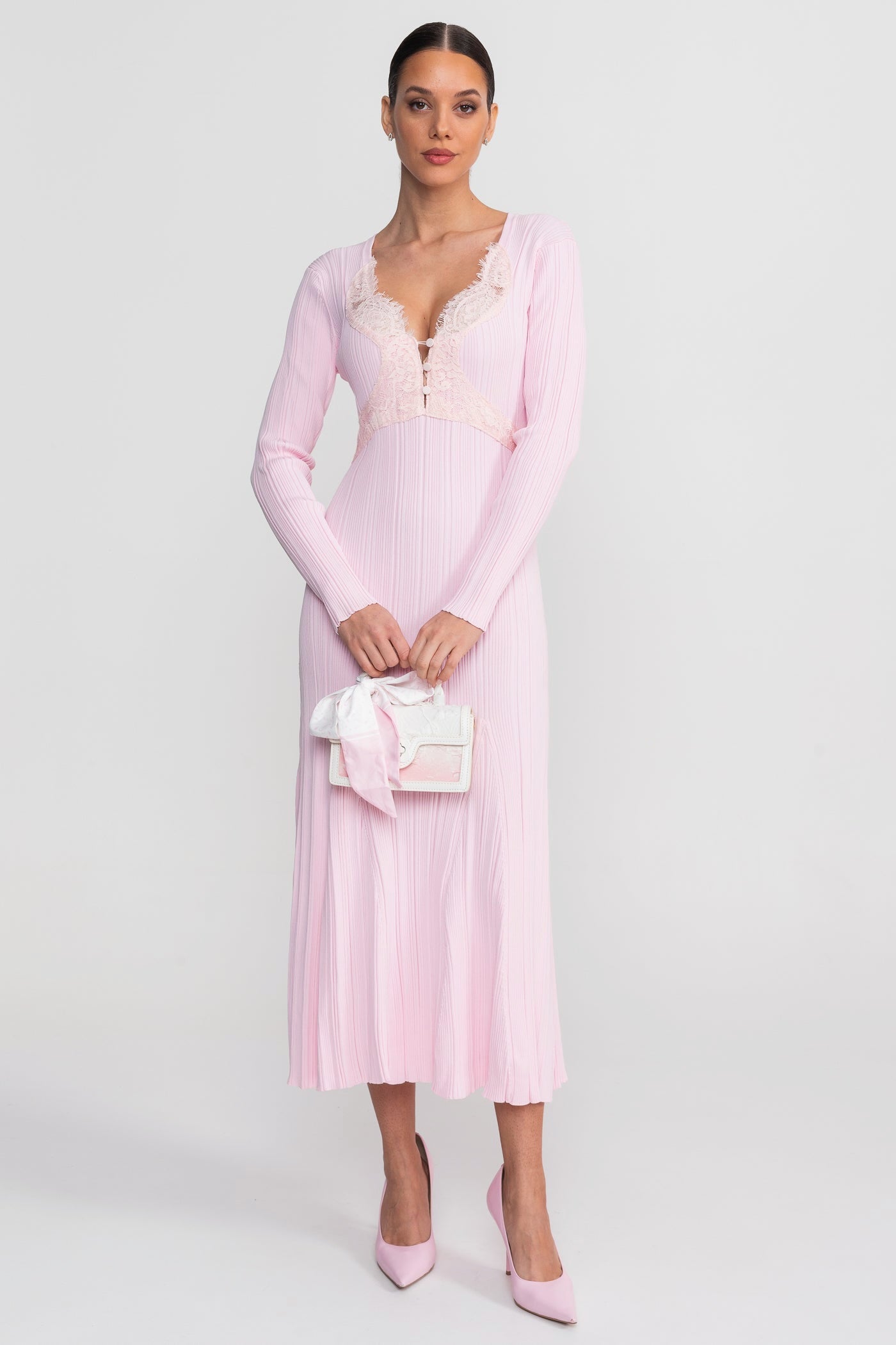 Ribbed Long Sleeve Midi Dress With Lace-Trim V-Neckline - Baby Pink