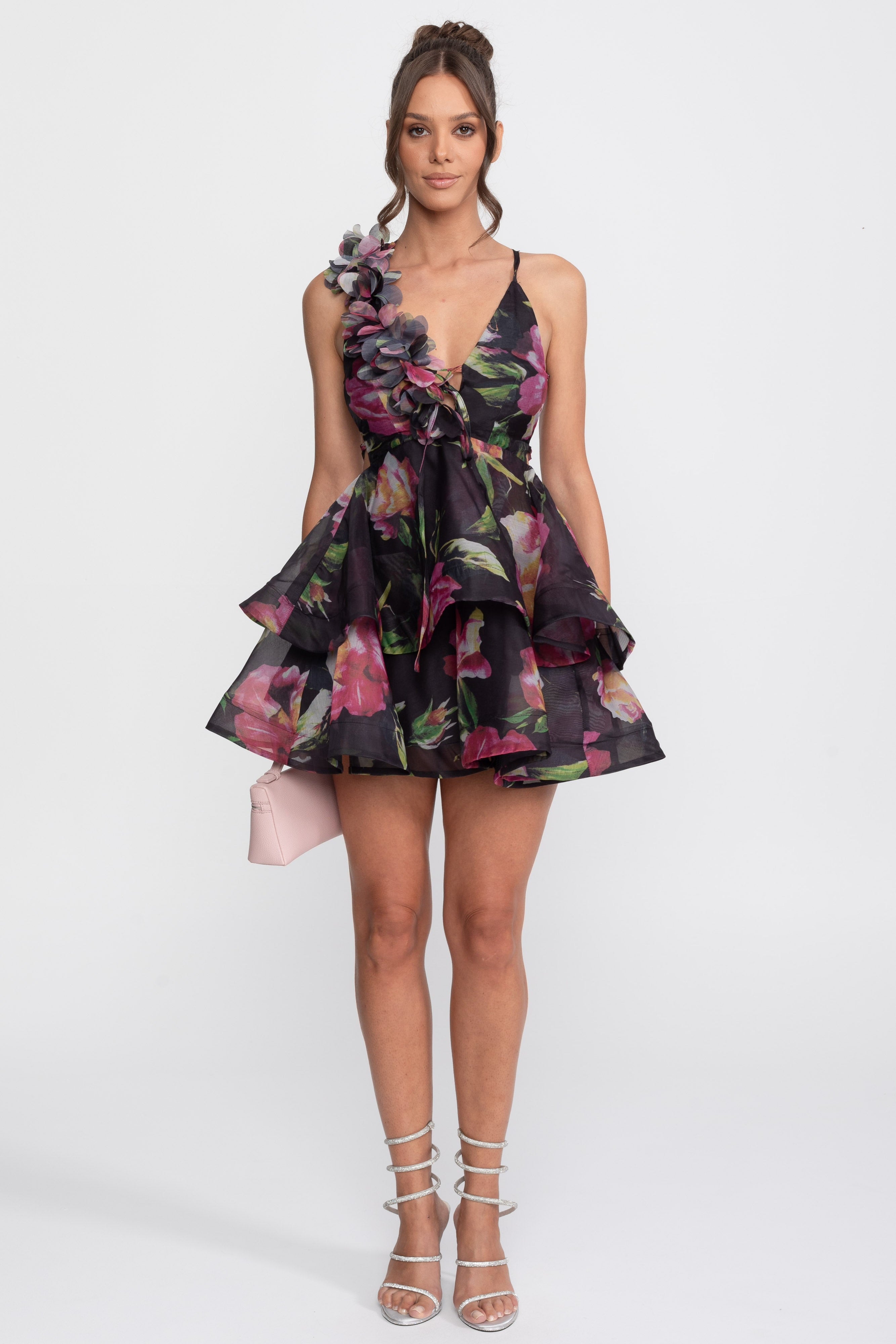 Floral Print Tiered Mini Dress With Ruffled Shoulder Strap - Black